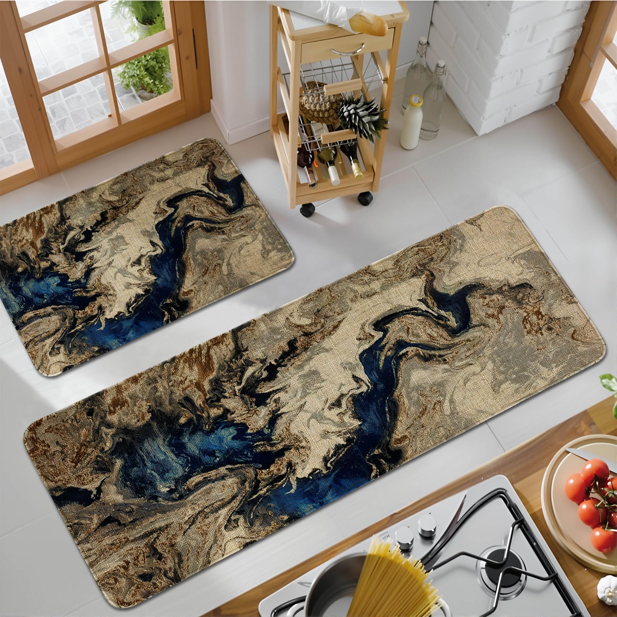 safarsa Kitchen Mats for Floor Set of 2 Pieces Marble Pattern Kitchen Rugs and Mats Non Skid Washable Kitchen Floor Mat(17" Wx30 L+17" Wx 47" L)