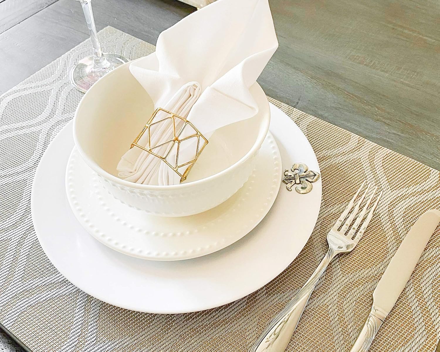 Arthur Court 4-Piece Pewter Fleur de lis on Heavyweight and Durable Melamine Plate, for Indoors Outdoors Use, Party and Everyday Use - French Décor Tableware Dinnerware 10 inch Diameter