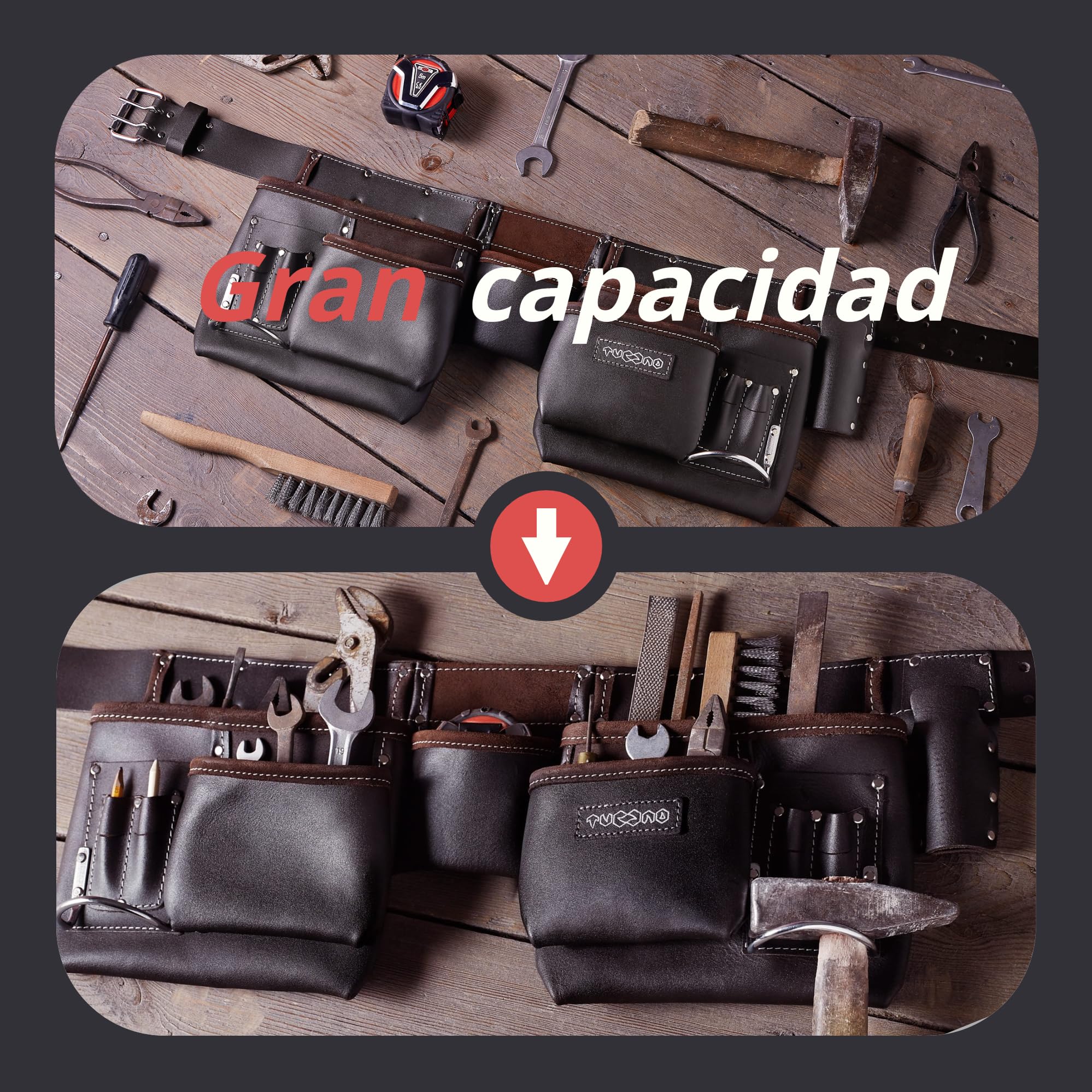 Cinturón de Herramientas de Cuero Curtido 12 Bolsillos | Para Carpintero, Constructor, Jardinero, Pladur | Organizador de Trabajo Resistente