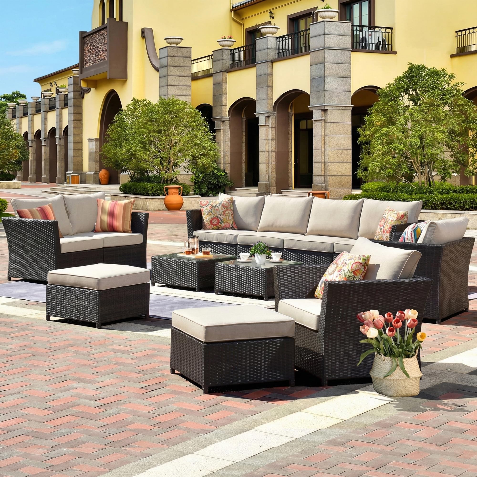 BRISHI Outdoor 10 Seater Sofa Set || Patio Furniture Sets || Balcony Sofa || Indoor Sofa || Wicker Rattan Garden Sofa Set with Cushion and Center Table (Brown/Cream)