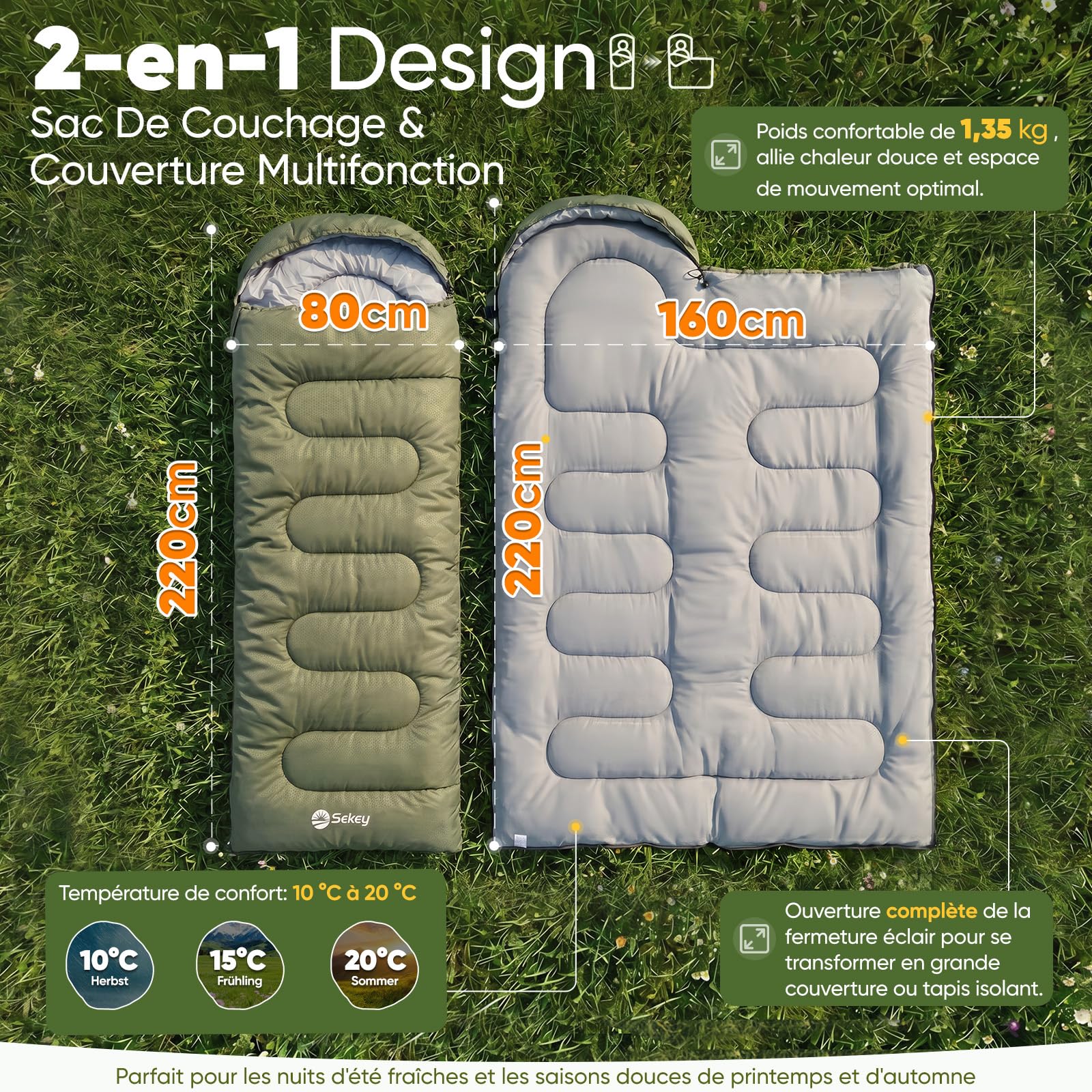 Sekey Sac de Couchage Adulte Rectangulaire, 3 Saisons, 1,35 kg Sac Couchage Compact, 2-en-1 Couverture, Zip Anti-coincement, Ventilation des Pieds, 10-20°C, Trekking, Camping et Outdoor, 220x80 cm
