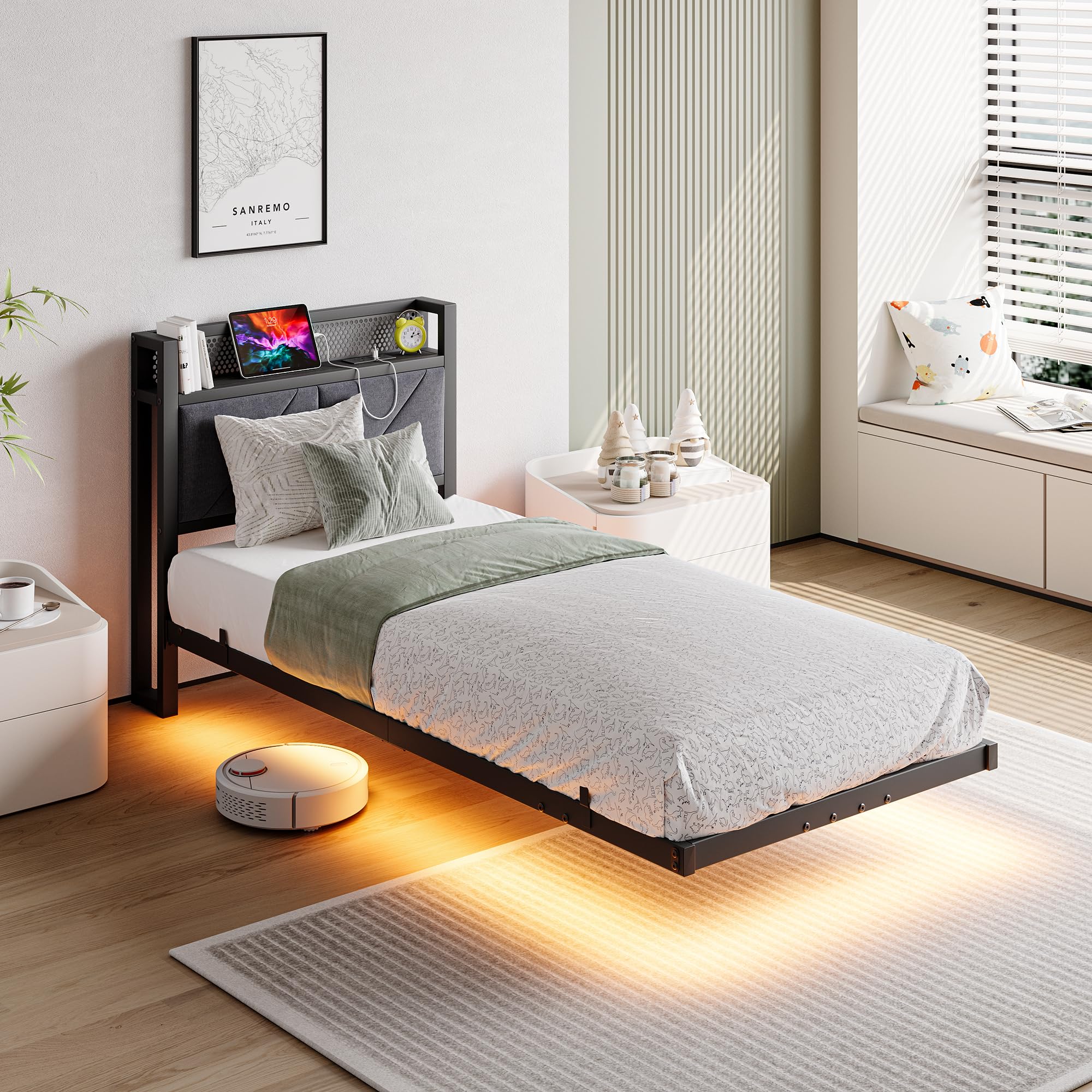 HAHRIR Floating Single Metal Bed Frame with LED Lights & USB Charging Station, 90×190cm Metal Platform Bed Frame with 3ft Upholstered Headboard Storage，Heavy Duty Metal Slats, Noise Free/Grey