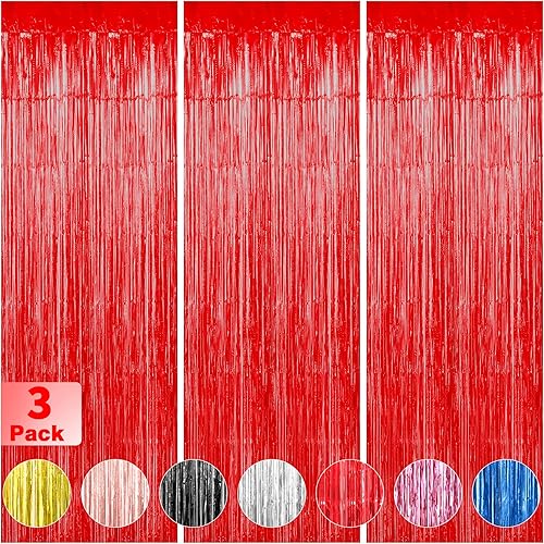 Cortinas de fondo de flecos de papel de aluminio rojo, 3 unidades de 3.3 x 9.9 pies, cortina de oropel rojo, decoración de fiesta, telón de fondo de