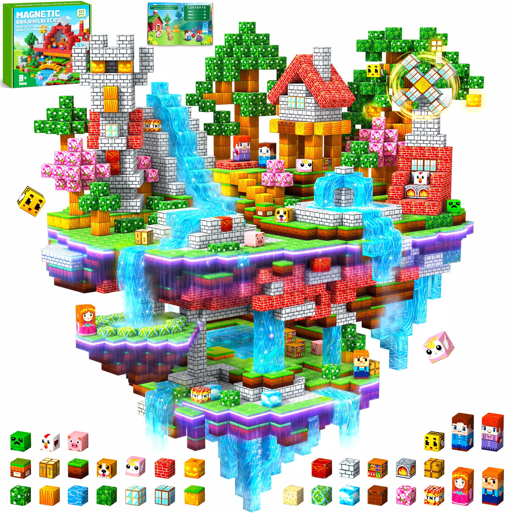 Subtail 507 Piezas Bloques Magneticos Construccion Niños, Construcciones Magneticas Niños,Piezas Magneticas, Juguete Creativo Montessori para 3 4 5 6 7 8 9 10 Años Halloween Navidad Pascua