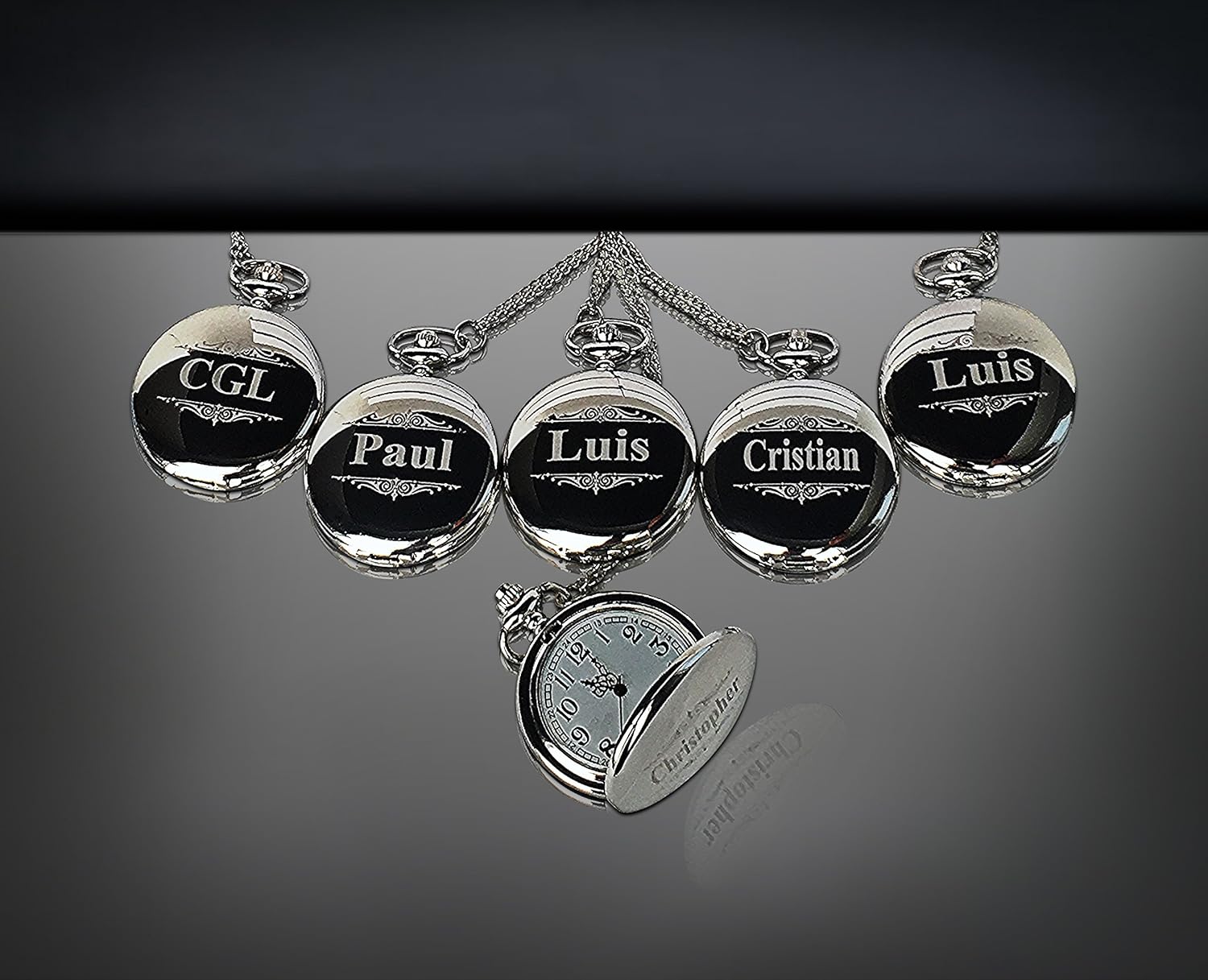 6 Pocket Watch Set - Personalized Unique Wedding Gift for Men and Women - Boxes, Chain and Engraving is Included