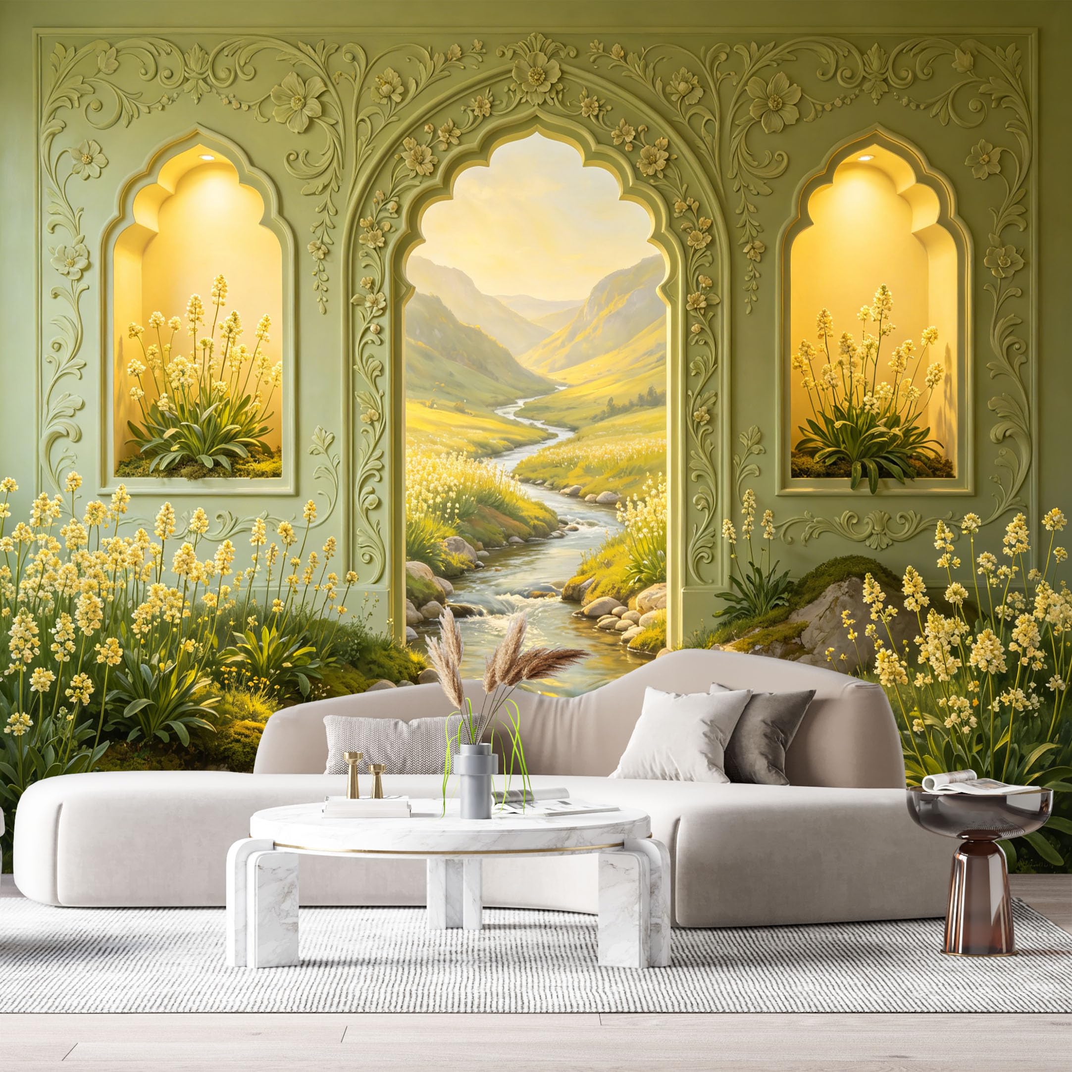 Custom Size Wall Murals Fantasy Garden Archway River Valley Landscape Botanical 3D Trompe L'Oeil SelfAdhesiveWall Fabric Removable Wallpaper Wall Decor for Living Room Bedroom Bathroom