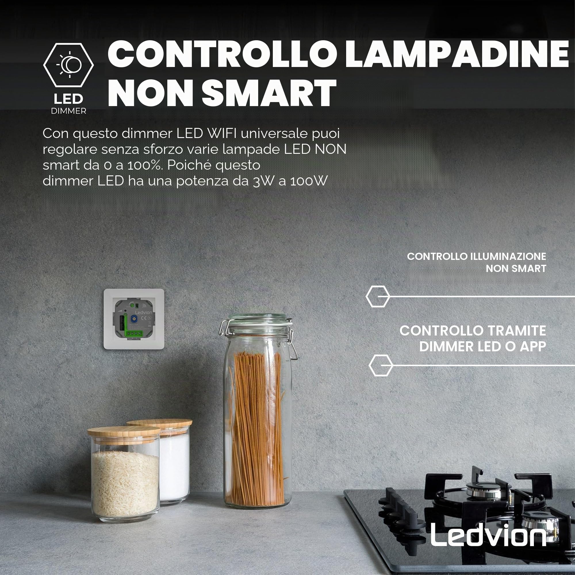 Ledvion - Interruttore Intelligente LED, LED 5-250W, Senza Copertura, Taglio di Fase, Dimmer Rotativo da Incasso, Variatore Rotativo LED