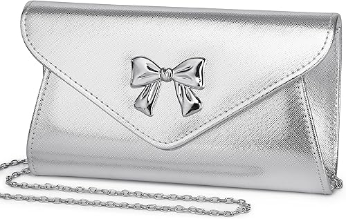 Gurina Bolso de mano de noche con detalle de lazo, elegante bolsa de fiesta de piel sintética brillante con cadena desmontable para boda y baile de