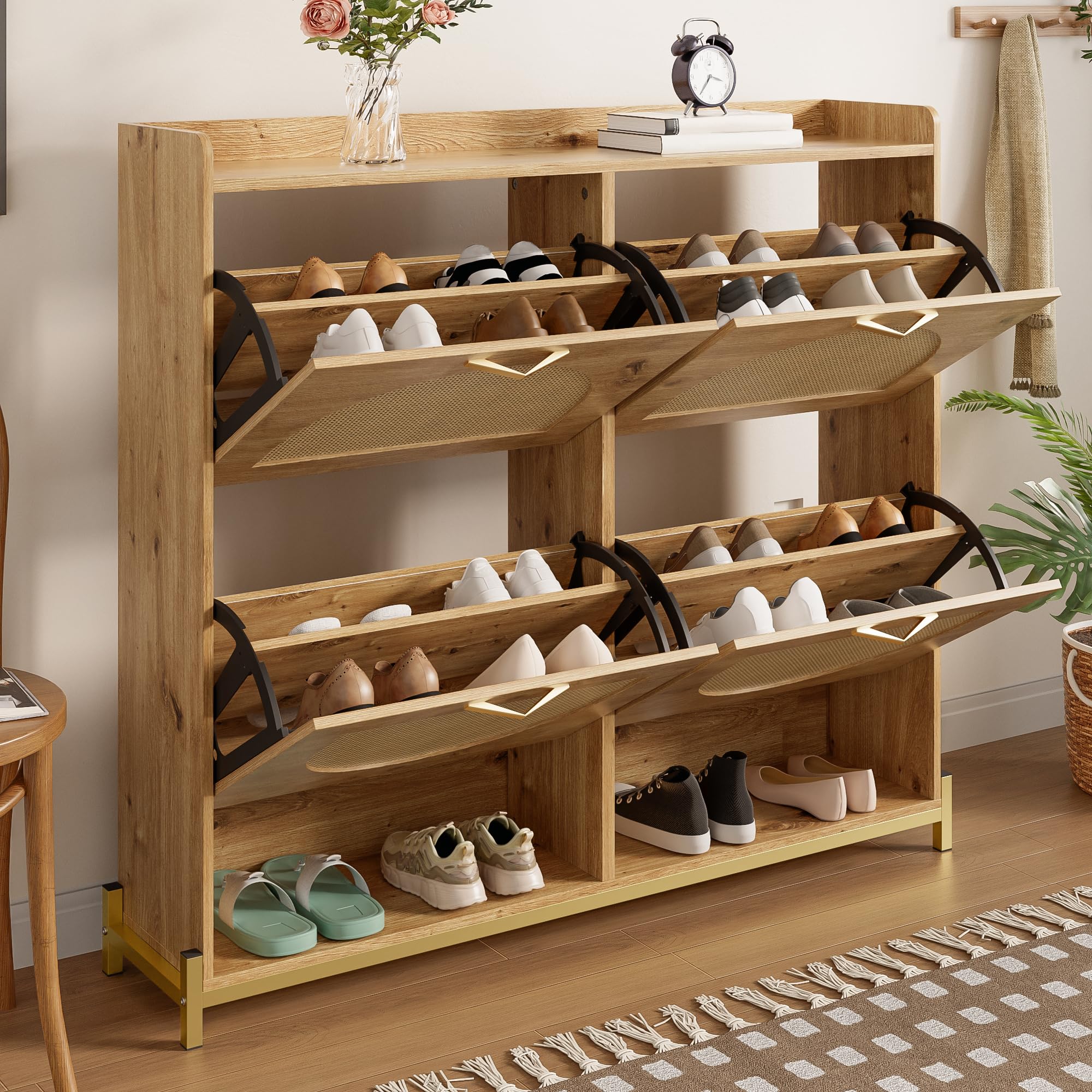 BTM Moderner Schuhschrank mit Rattantüren Schuh Schrank aus Holzl Schuhkipper, Metallrahmen, Sideboard Flurmöbel