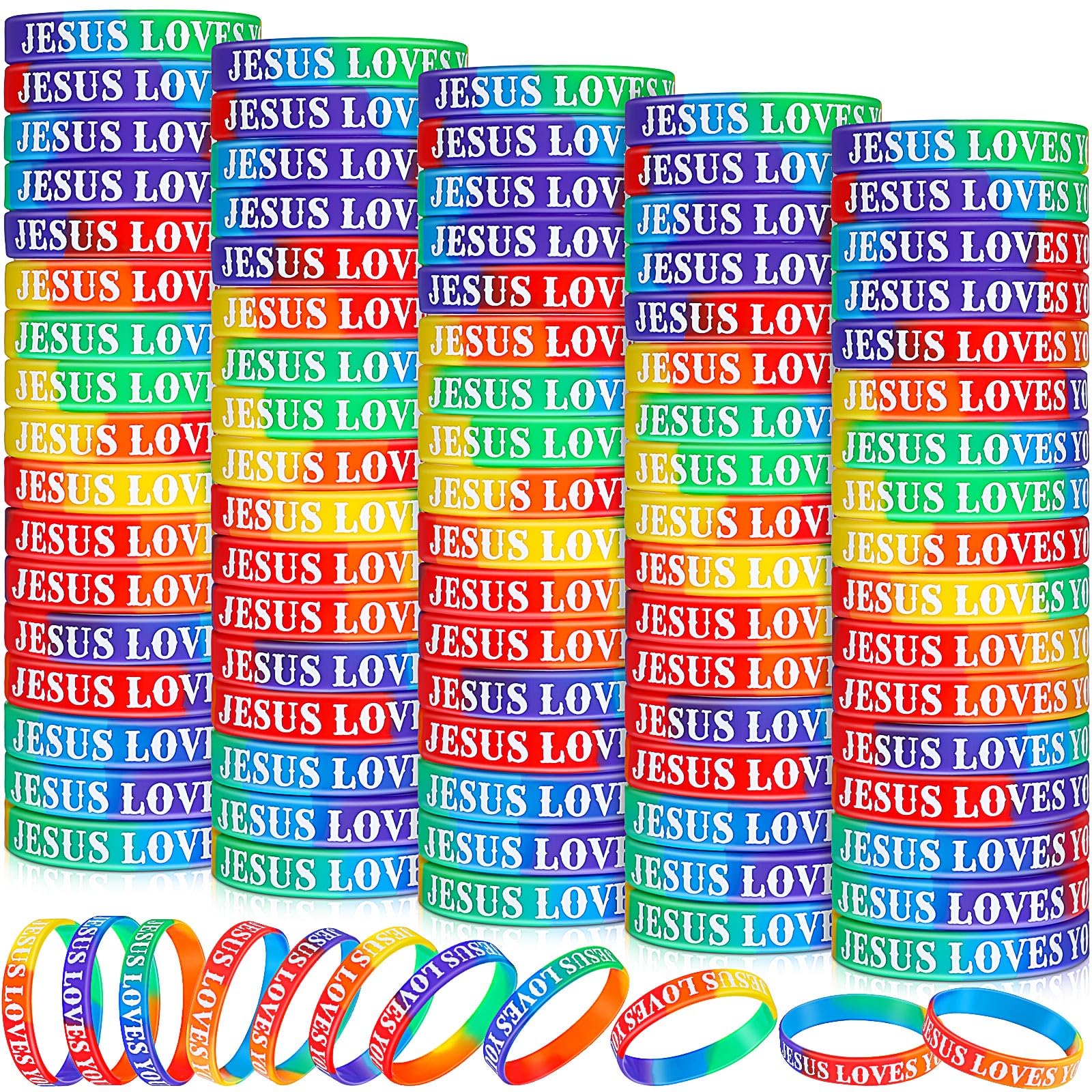 Lewtemi 100 Pcs Jesus Loves You Bracelet Bulk Silicone Christian Bracelet Colorful Rubber Wristbands Motivational Rubber Wristbands for Men Women