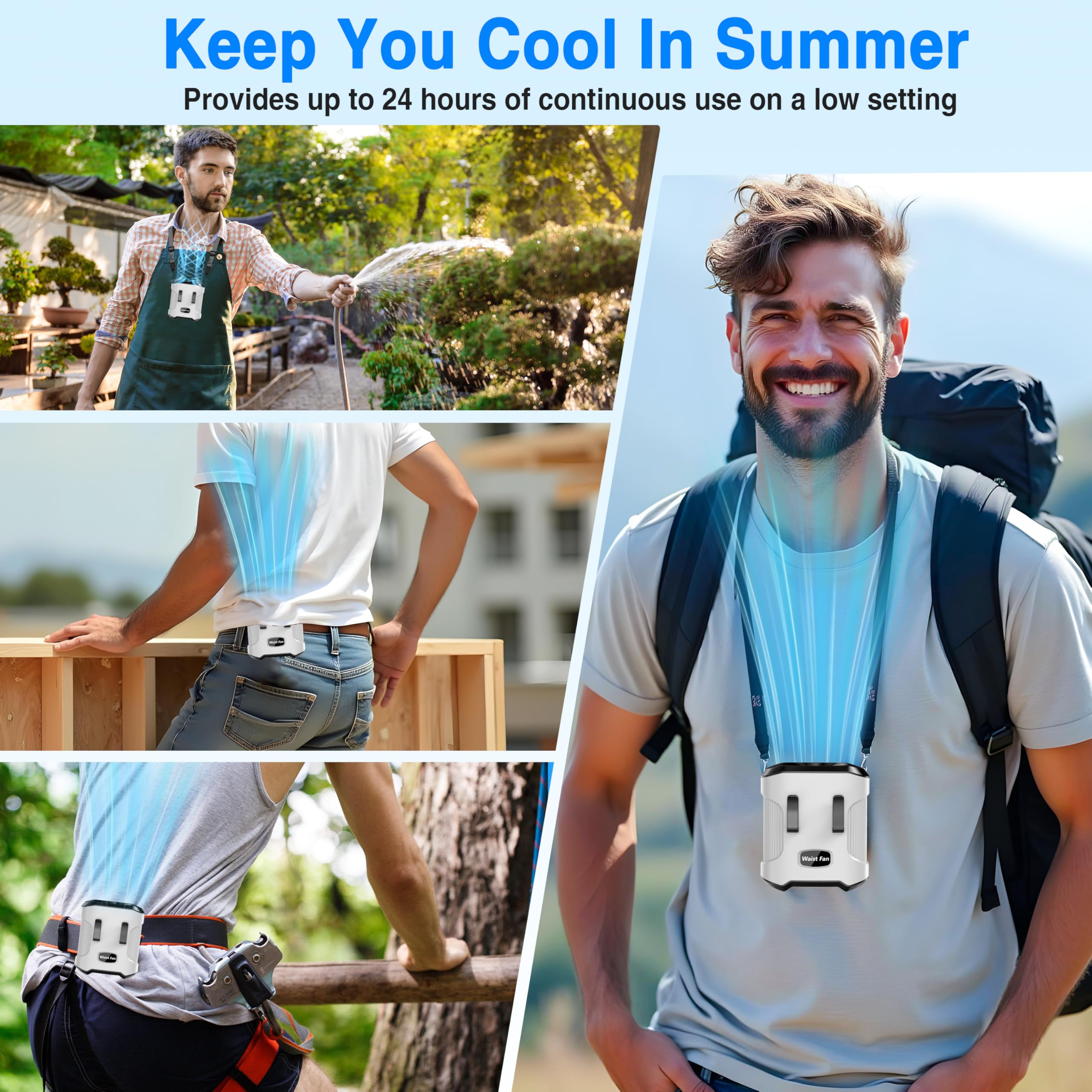 Ventilador de cintura con clip en el cuerpo de la camisa, ventilador de batería recargable manos libres con 3 velocidades y linterna de enfriamiento portátil para el cuello para acampar al 6