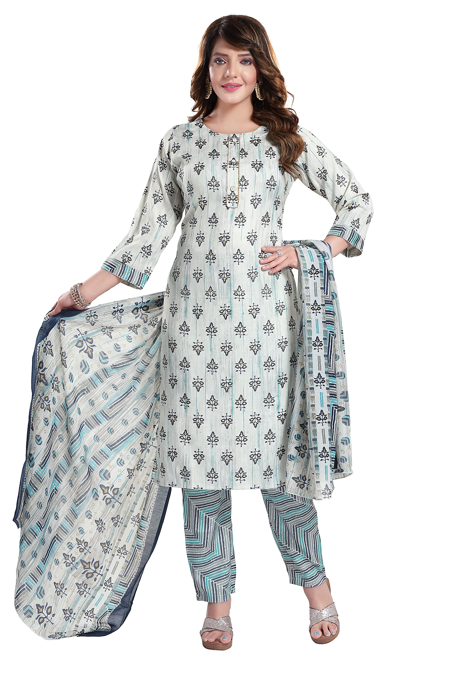 Women's Chanderi Printed Straight Kurta, Pant and Duppatta(QS_051)