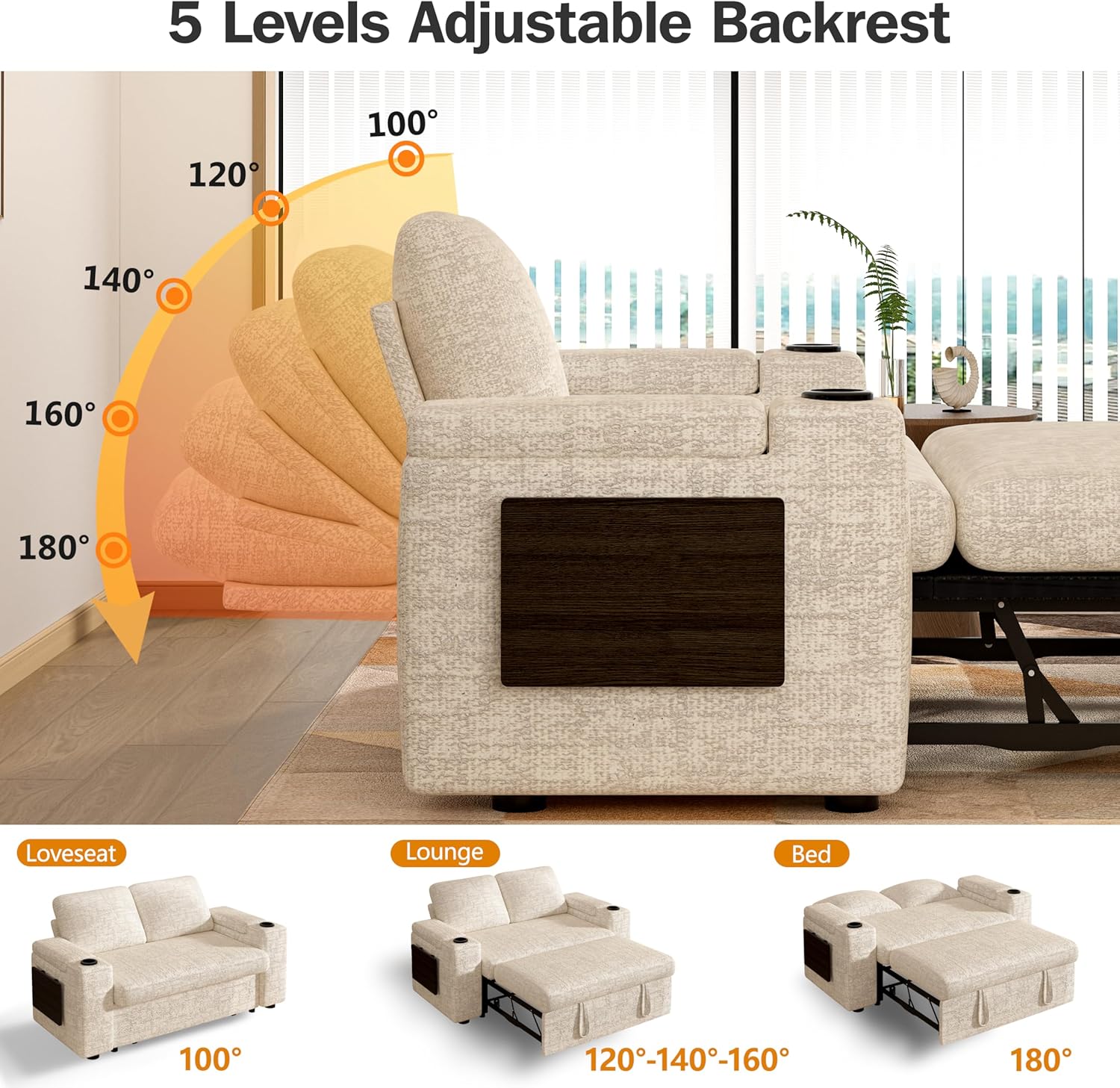 Vipbear 65" Loveseat Sleeper Sofa with Pull Out Bed, Chenille 3-in-1 Convertible Sofa Bed with Reclining Backrest|USB Ports|Cup Holders|Side Table|Storage Armrests, Tool Free Assembly, Beige