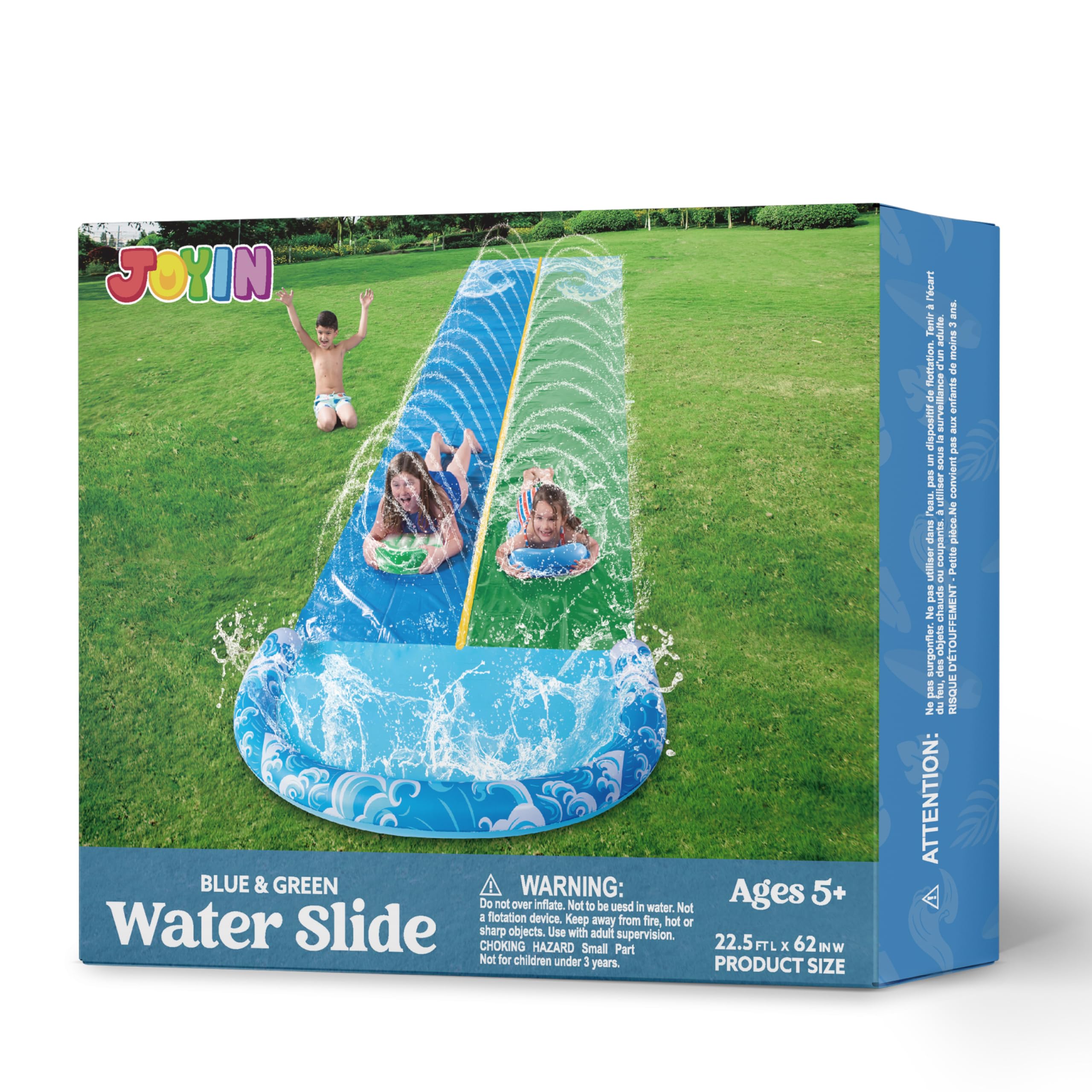 JOYIN 22,5ft Wasserrutsche mit 2 Bodyboards, Gartenspielzeug mit Sprinkler für Kinder, Blau, Grün