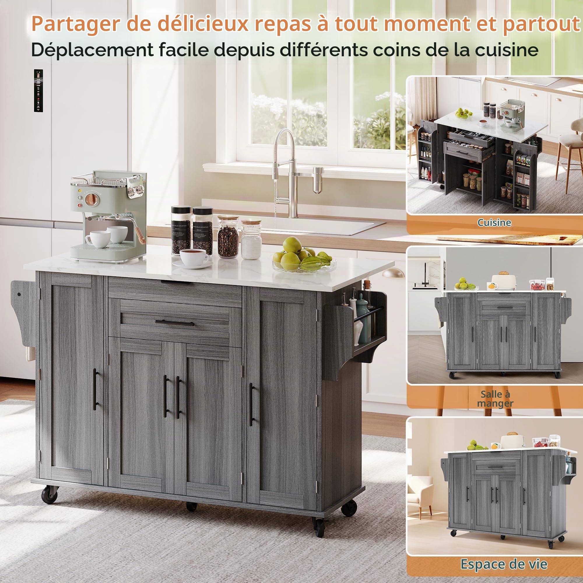 Îlot de cuisine autoportant avec plan de travail pliable, armoire de cuisine sur 5 roulettes, avec étagère et 2 tiroirs, pour cuisine, salle à manger, 136 x 70 x 92 cm (gris)