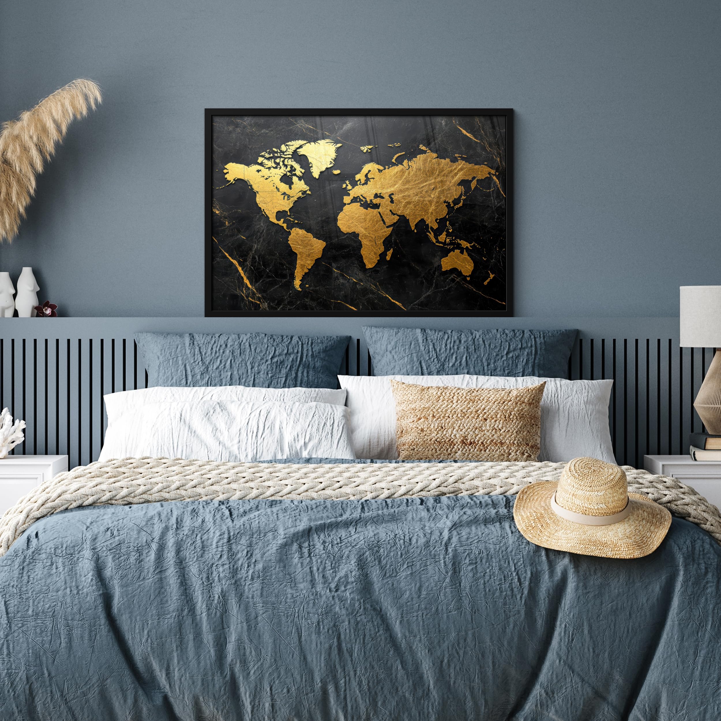 MuchoWow© Cuadros Con Marco 90x60 cm Decorativa Grandes Dimensiones Pequeños Salones Quarto Tripticos Oficina Wall Pasillo Dormitorio Mapamundi - Oro - Mármol