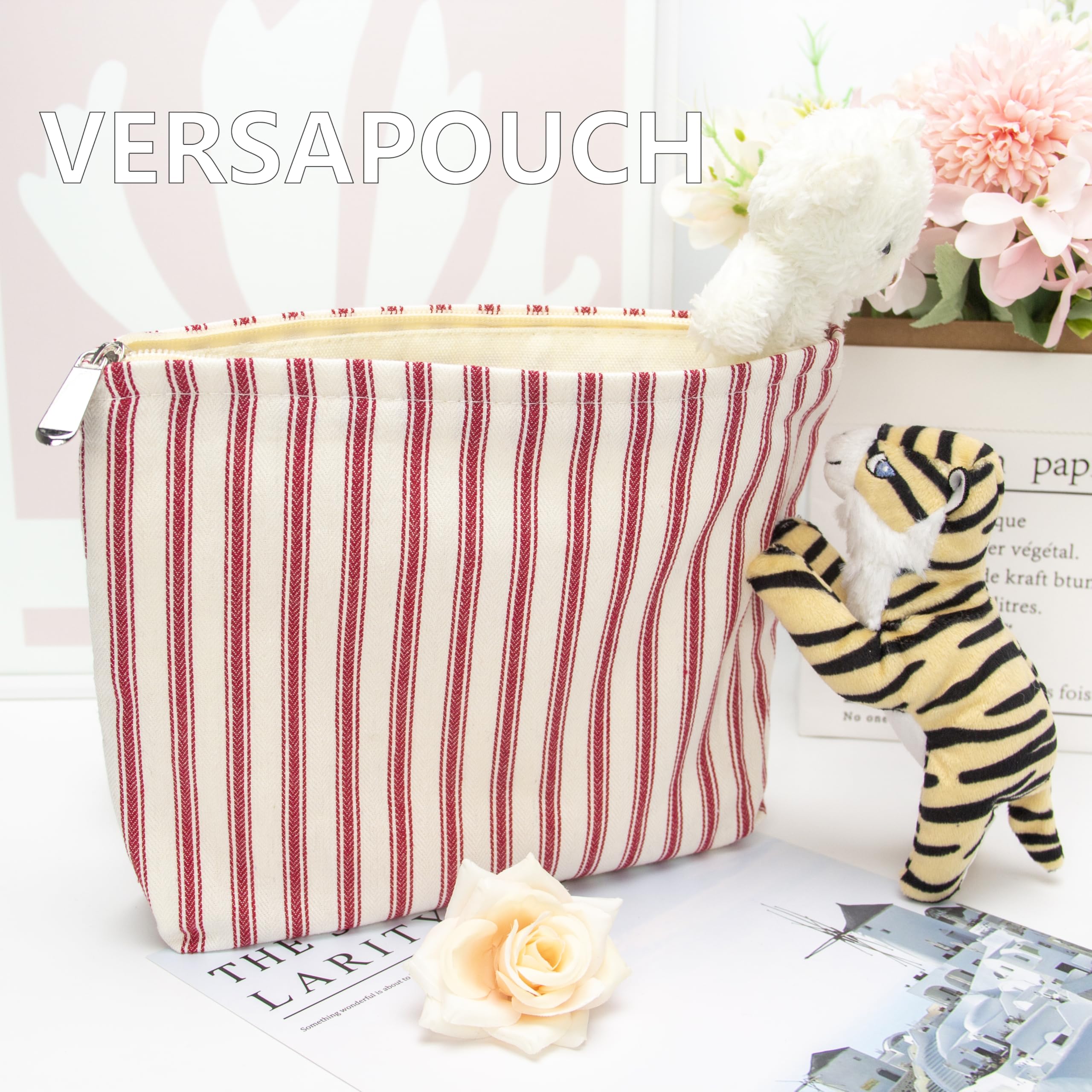 PAZIMIIK Make-up-Tasche mit Blumenmuster, Baumwolle, Reißverschluss, für Geldbörse, Reisen, Leinen, Make-up-Organizer für Damen, Kosmetik, Vintage-Stil, gestreift, Rot, Vintage Stripe Red, 10x7inch