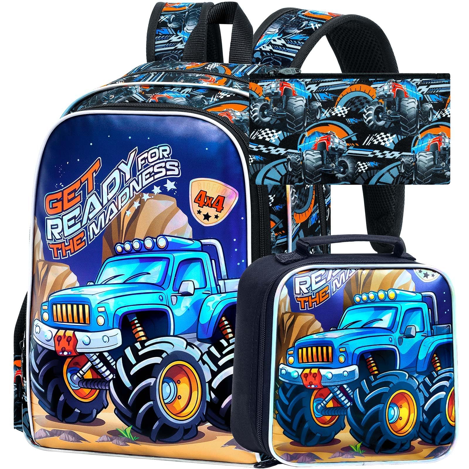 3Pcs Truck Backpack for Boys, 16" Bookbag with Lunch Box, Kids School Backpacks Set for Elementary Preschool Kindergarten (Balck)