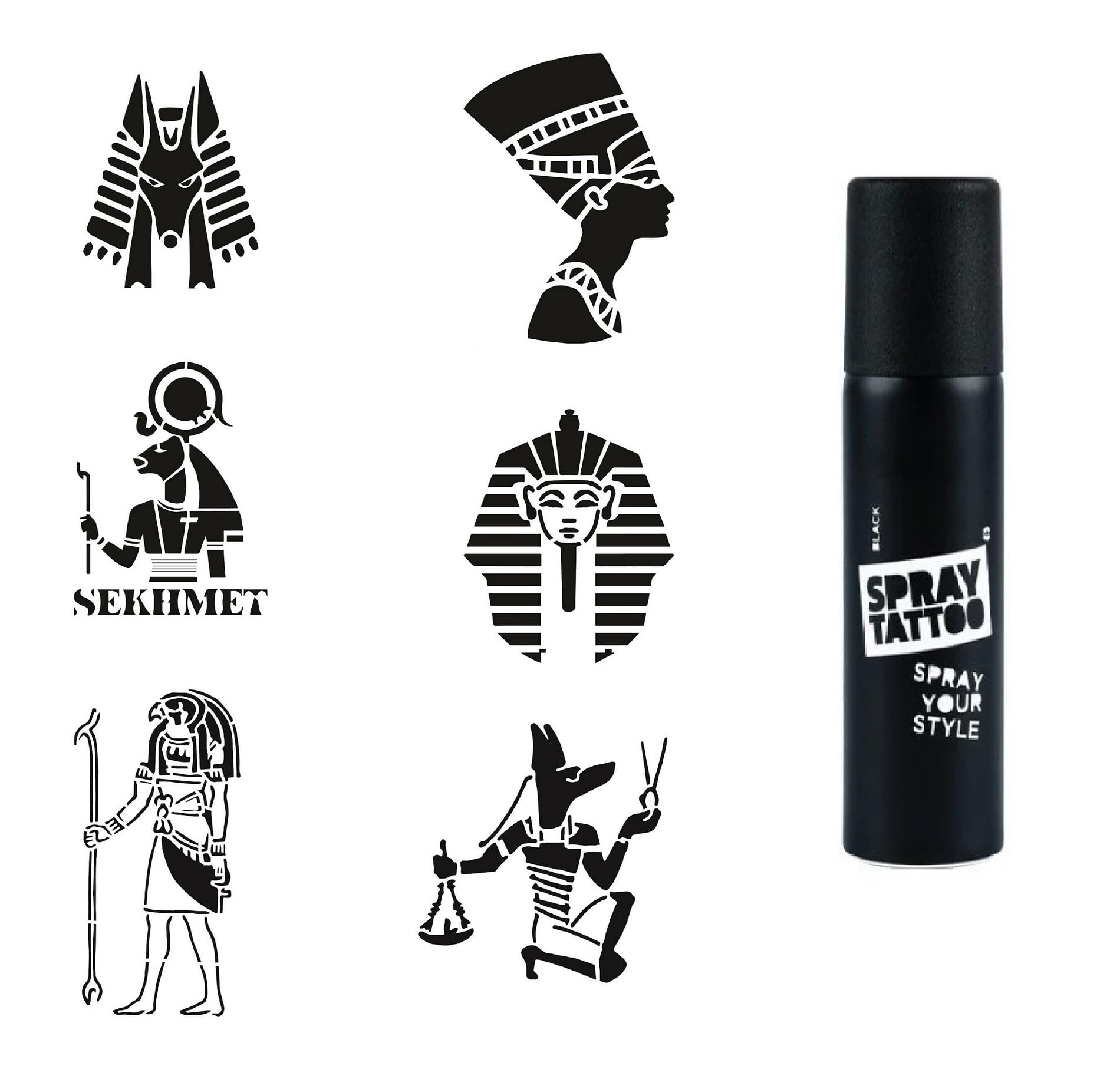 Antik Mısır Tanrıları Sprey Dövme ile Geçici Dövme Yapma Seti Siyah Spray Tattoo