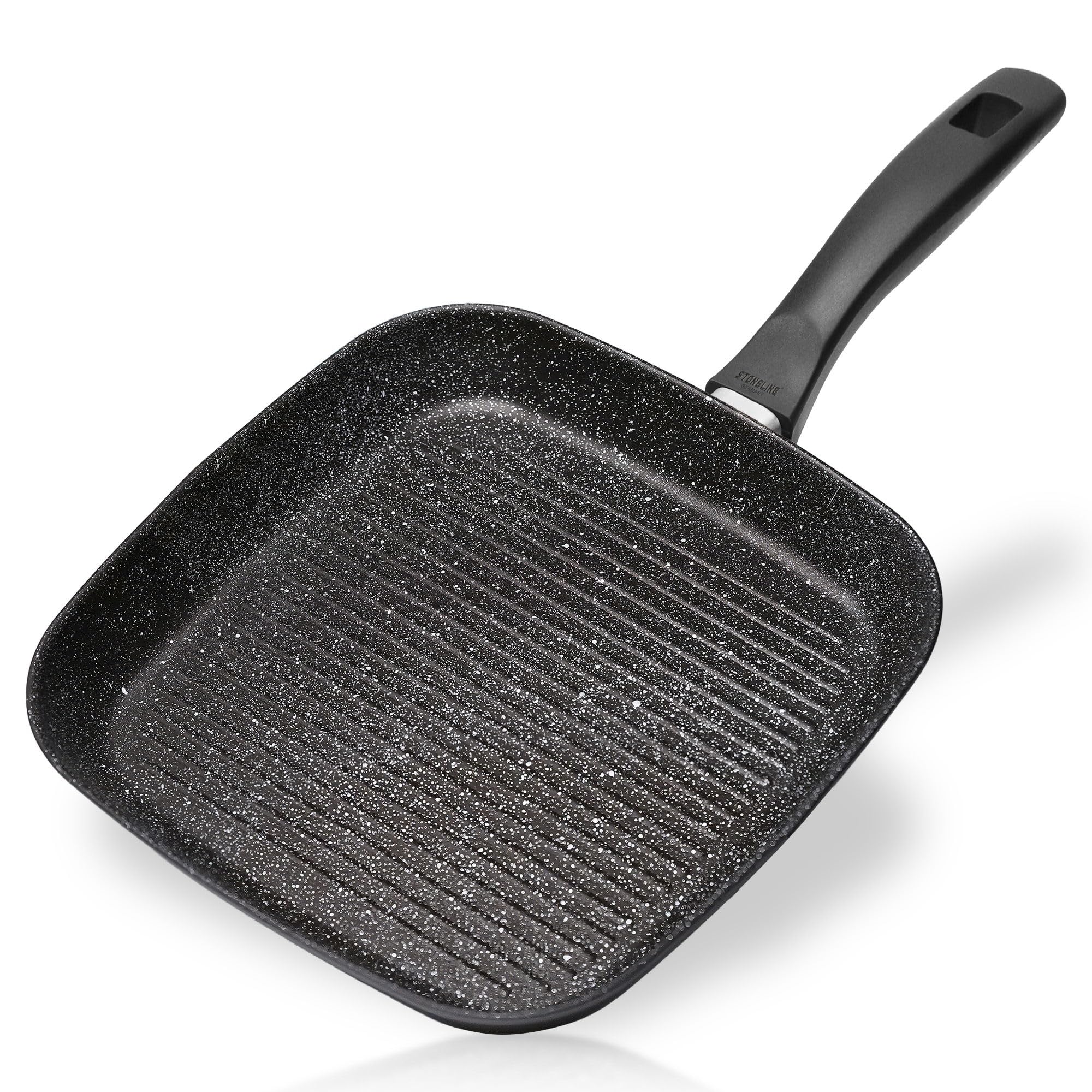 STONELINE Grillpfanne 26 x 26 cm, Aluguss, Antihaftbeschichtung mit echten Steinpartikeln, Große Pfanne Induktion backofengeeignet, Steakpfanne Eckige Pfanne, Schwarz