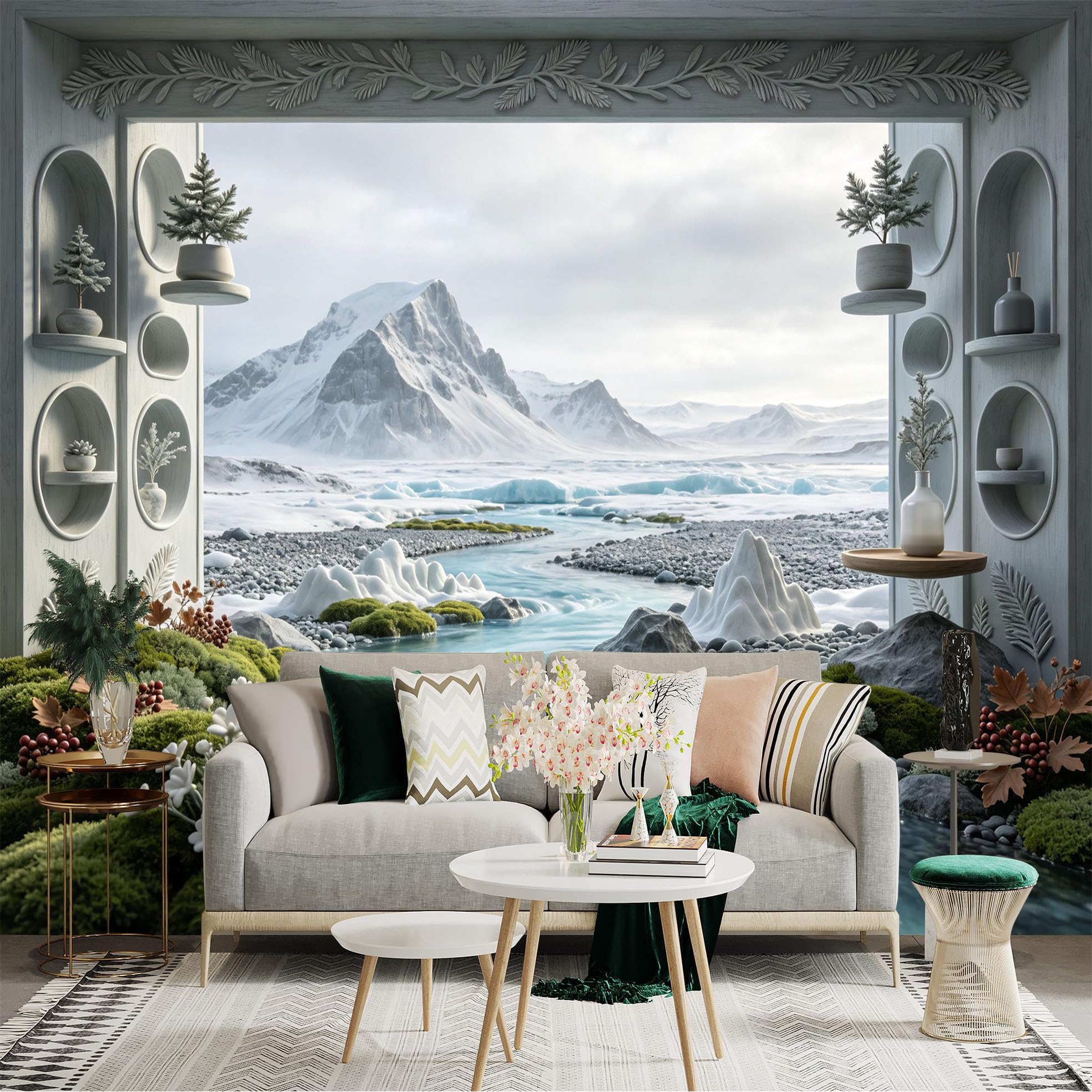 Lnzczhyre Bh260719535 Custom Size Wall Sticker Mural， Snowy Mountain View， Tranquil Arctic Stream， Botanical Decor， For Wall Decoration， Peelandstick Wall Decals.