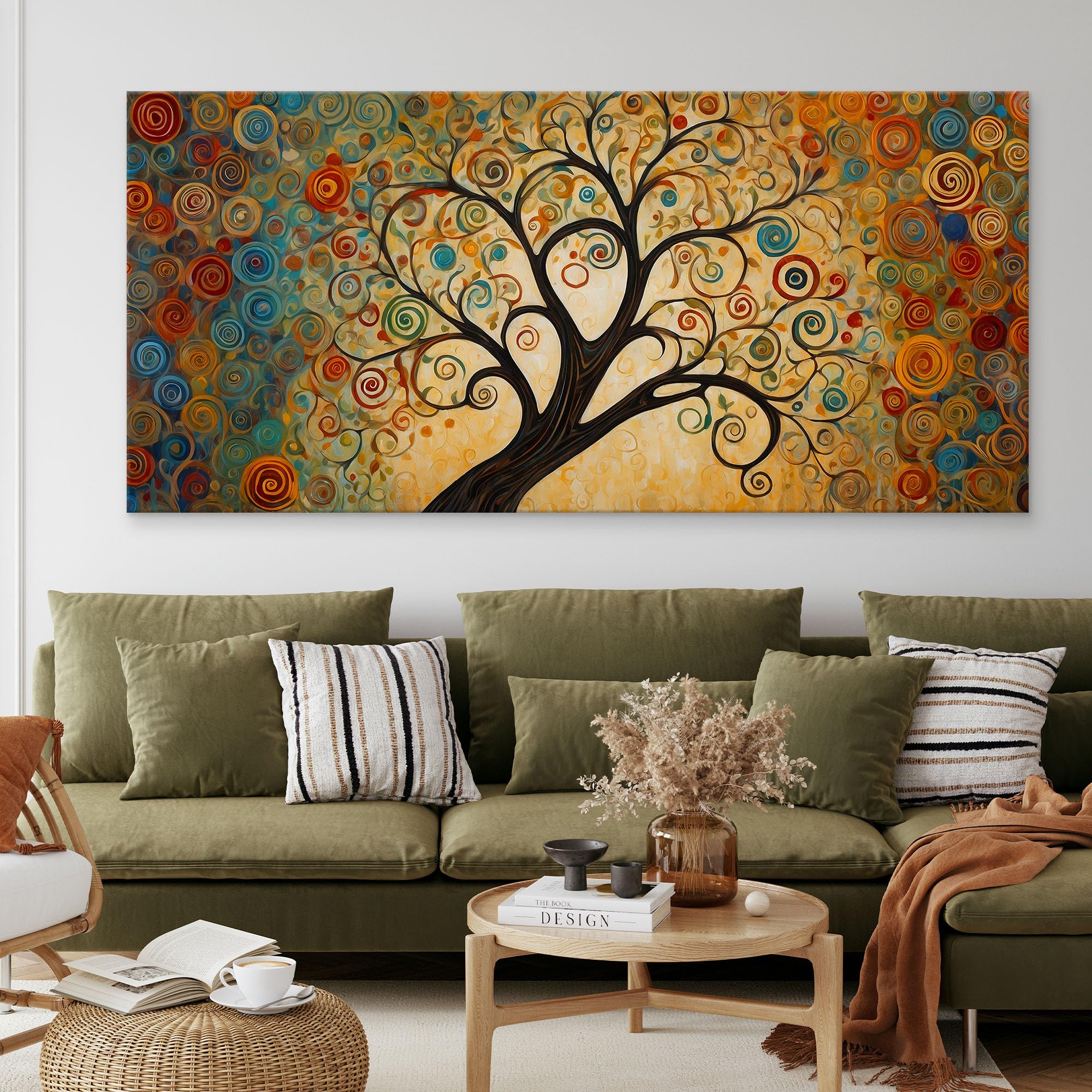 CheQuadro! Quadro moderno soggiorno, orizzontale lungo, Albero della Vita con Spirali Colorate e Sfondo Dorato, su tela, intelaiato pronto da appendere bow3-90x40 cm