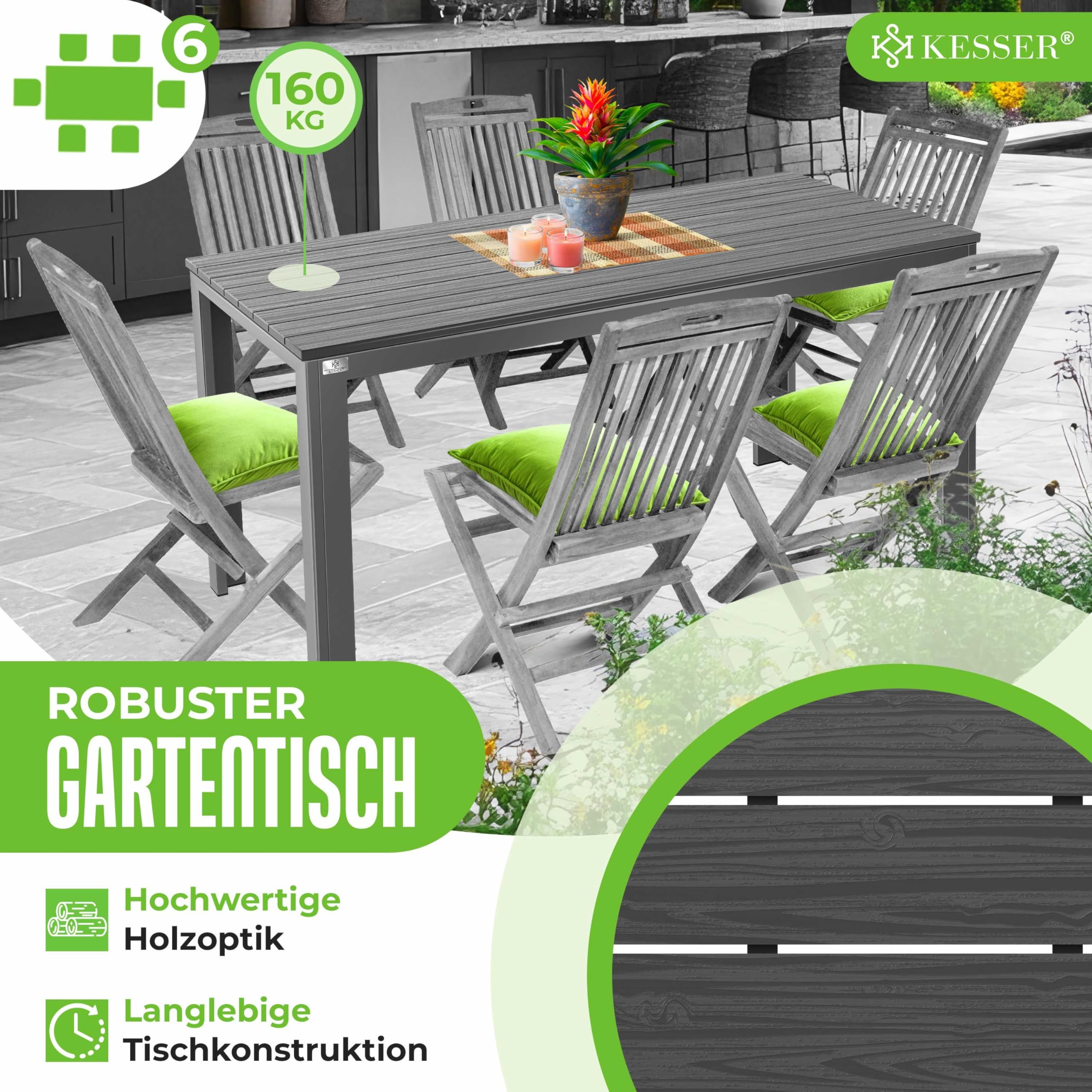 KESSER® Gartentisch 156x78cm für bis 6 Personen Esstisch Wetterfest & UV-Beständig | Outdoor Tisch mit pulverbeschichteter Stahl-Gestell & Kunststoff Tischplatte in Holz-Optik inkl. 6 Filz-Untersetzer