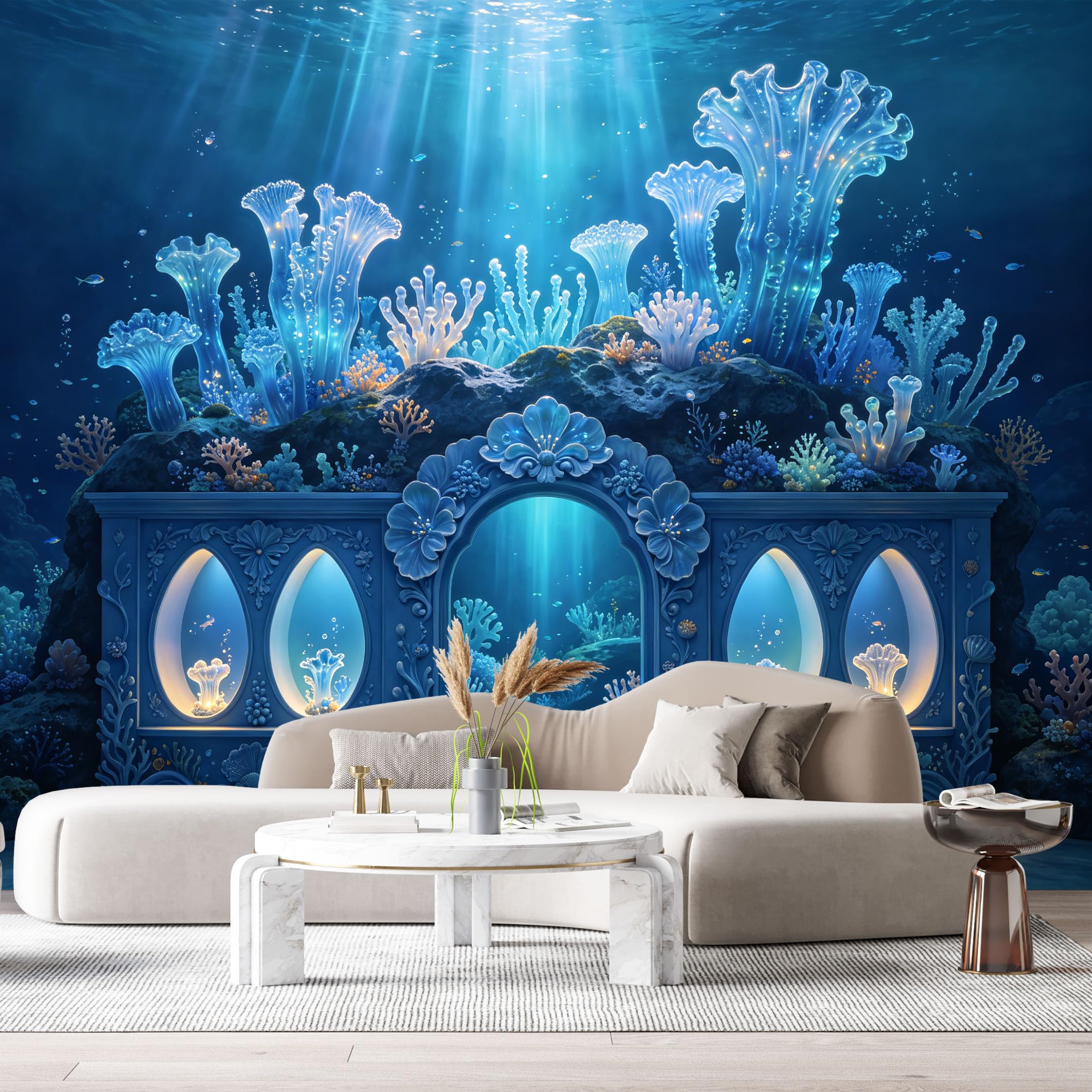 Custom Size Wall Murals Ocean Marine Coral Stone Archway Gateway 3D Trompe L'Oeil SelfAdhesiveWall Fabric Removable Wallpaper Wall Decor for Living Room Bedroom Bathroom