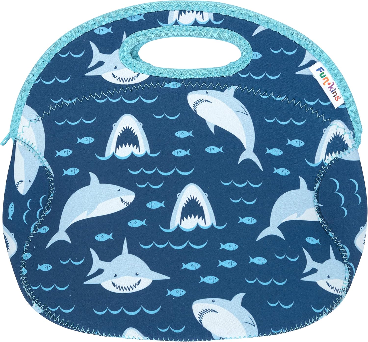 FUN KINS Insulated Lunch Bag for Kids | Spacious, Durable, Machine Washable | Premium Quality | Interior Pocket & Name Tag | Easy to Pack, Folds Flat for Storage | Large Size Lunch Bag (Sharks)