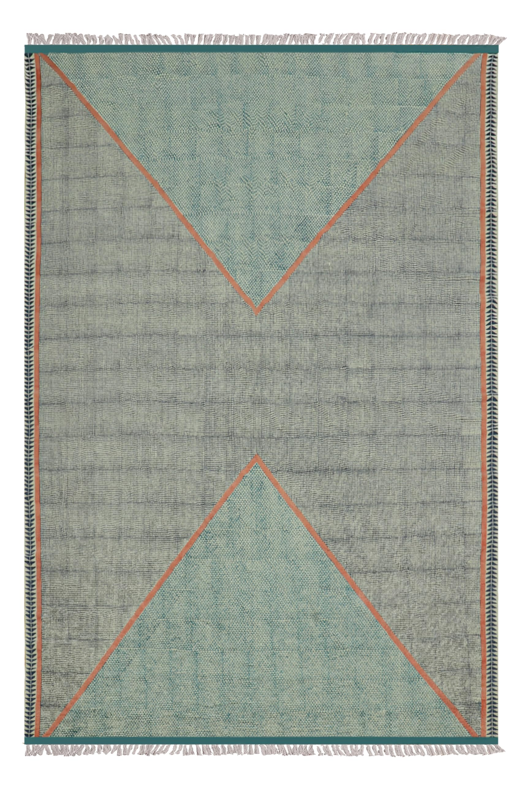 Tapis de collection géométrique – 2,4 x 3,3 m – Bleu et rose – Fait à la main – En coton de style rustique bohème avec franges – Idéal pour les zones très fréquentées dans la chambre à