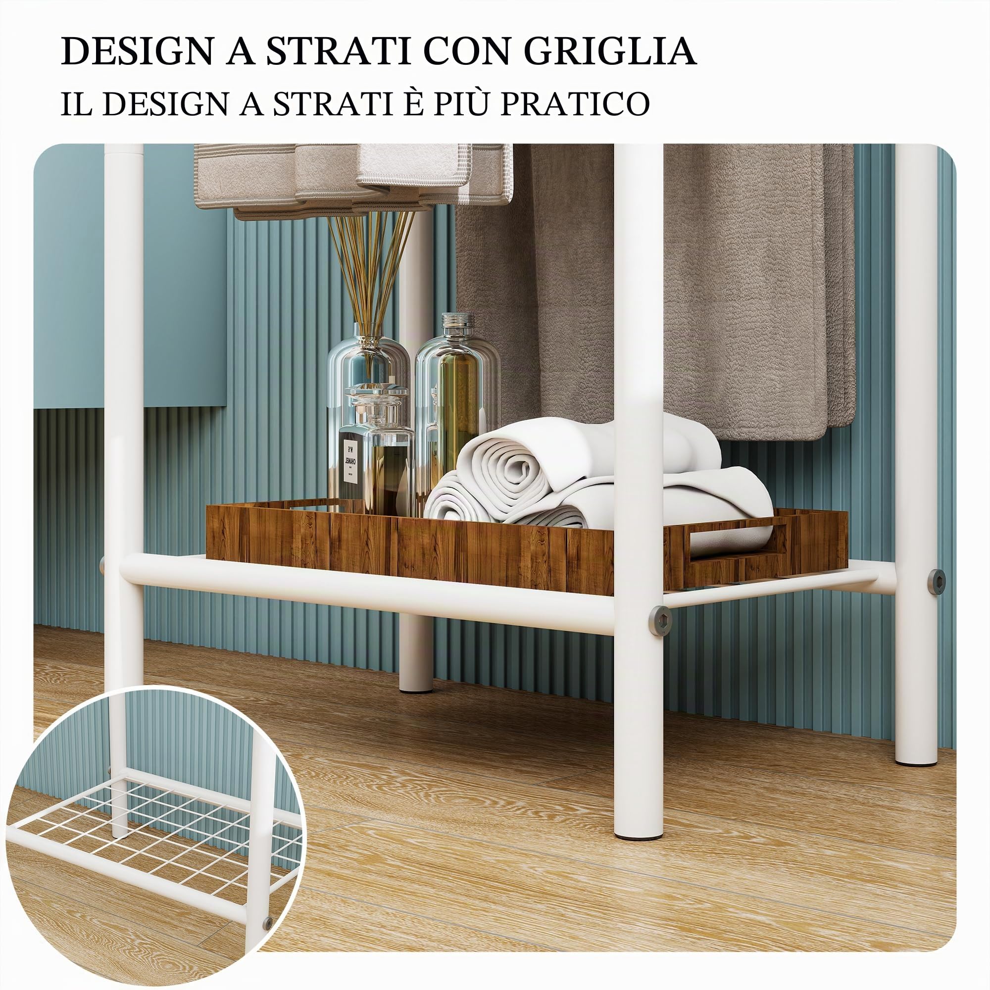 Portasciugamani a 3 livelli in metallo, piccolo autoportante per bagno, salvaspazio, camera da letto, piscina, espositore rack (bianco, 43x27x76 cm)