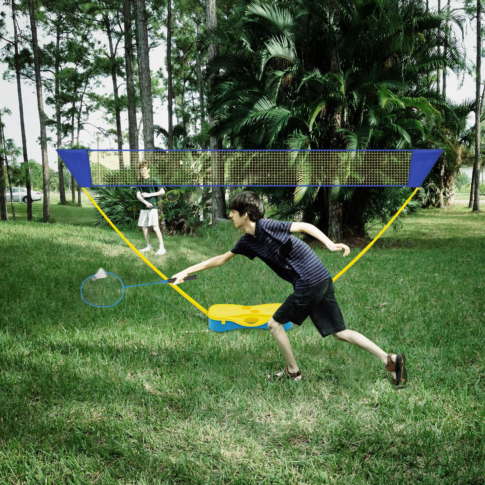 Kit de badminton portable avec filet de 3 m, filet de badminton autonome avec support, 2 raquettes et 2 balles, hauteur réglable 155 cm, mobile pour jardin, plage, extérieur et intérieur