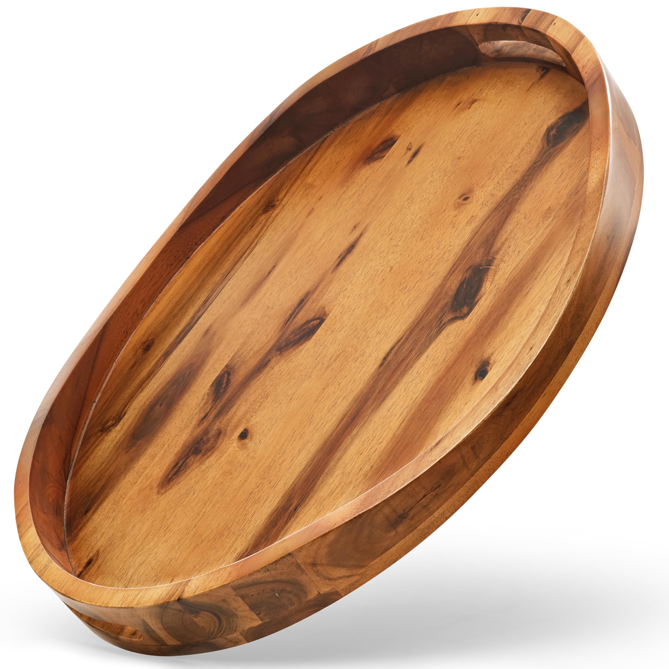 20" x 14" Oval Ottoman Tray Acacia Wood - Wooden Square Serving Tray with Handles - Extra Large Food Serving Trays for Decorative, Coffee Table, Breakfast in Bed (Acacia, 20" x 14")
