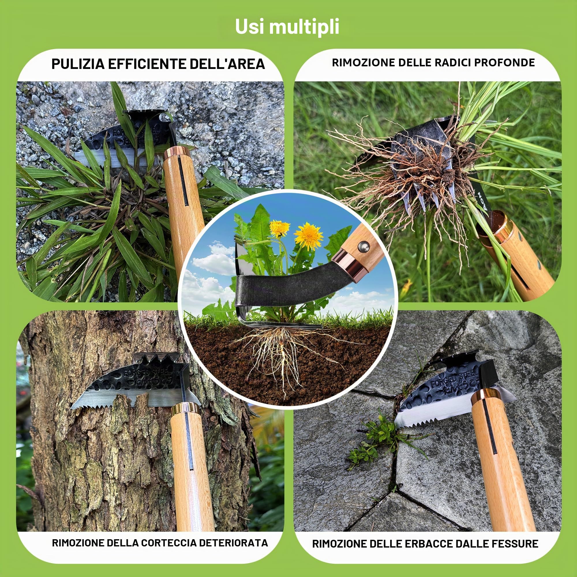 aon Giapponese Estirpatore Erbacce Manuale & Zappetta da Giardino, Acciaio Forgiato con Bordo Affilato e 4 Denti per Diserbare, Togliere Erbacce e Lavorare Terreno in Orto, Giardino e Aiuole Rialzate