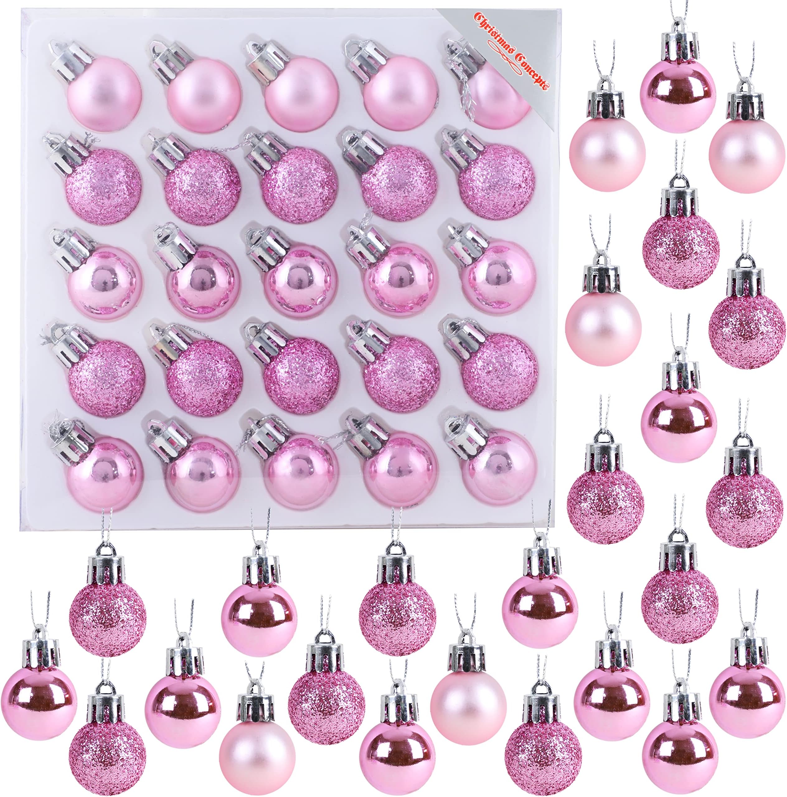 Christmas Concepts® Pack of 25-25mm Mini Christmas Tree Baubles - Shiny, Matte & Glitter Decorated Ornaments (Baby Pink)