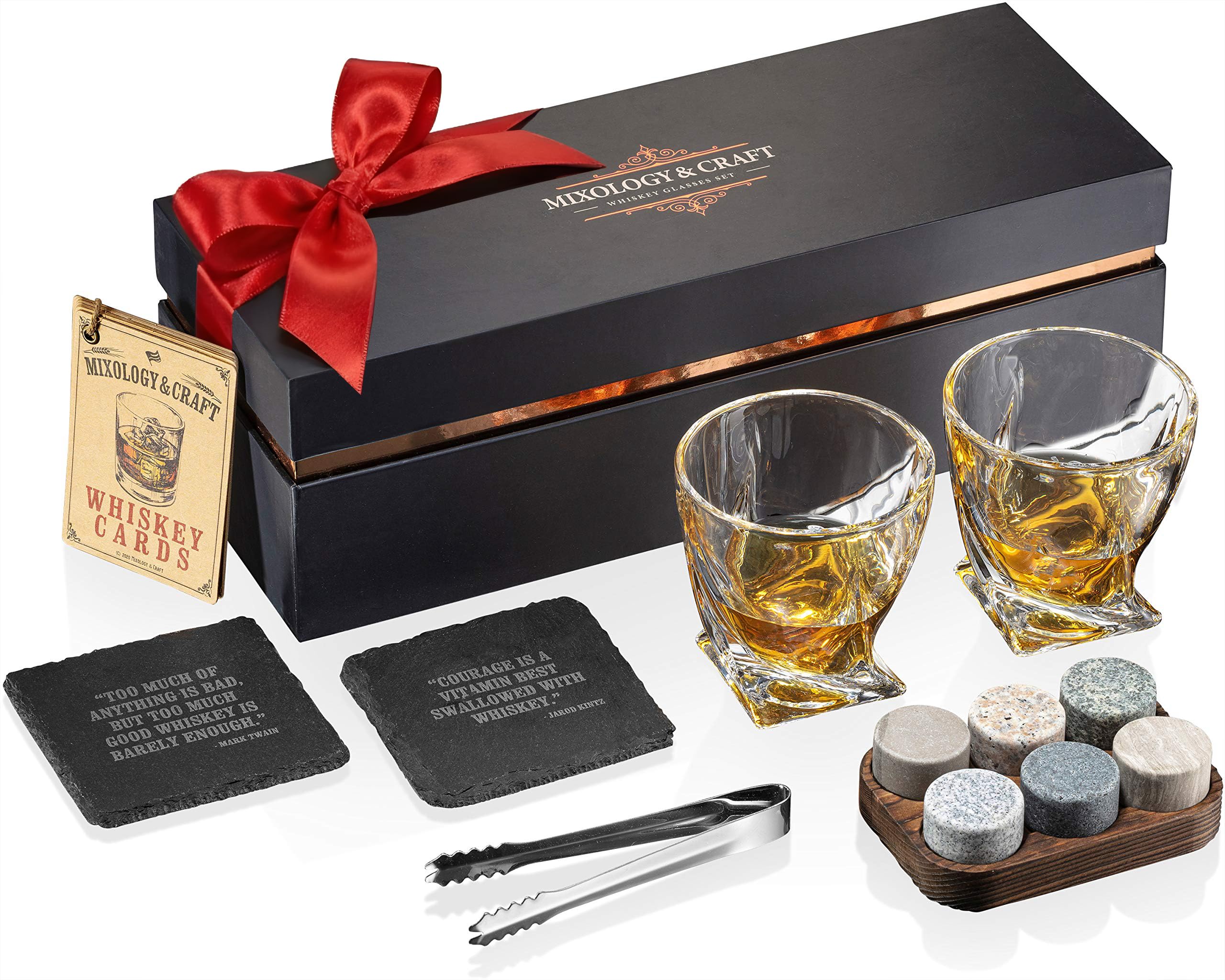 Mixology & Craft Whiskey Gift Set | Crystal Whiskey Glasses Set and Stones Set w/Classy Gift Box and 6 Granite Round Whiskey Stones | Great Holiday, Secret Santa, White Elephant Gift Set for All