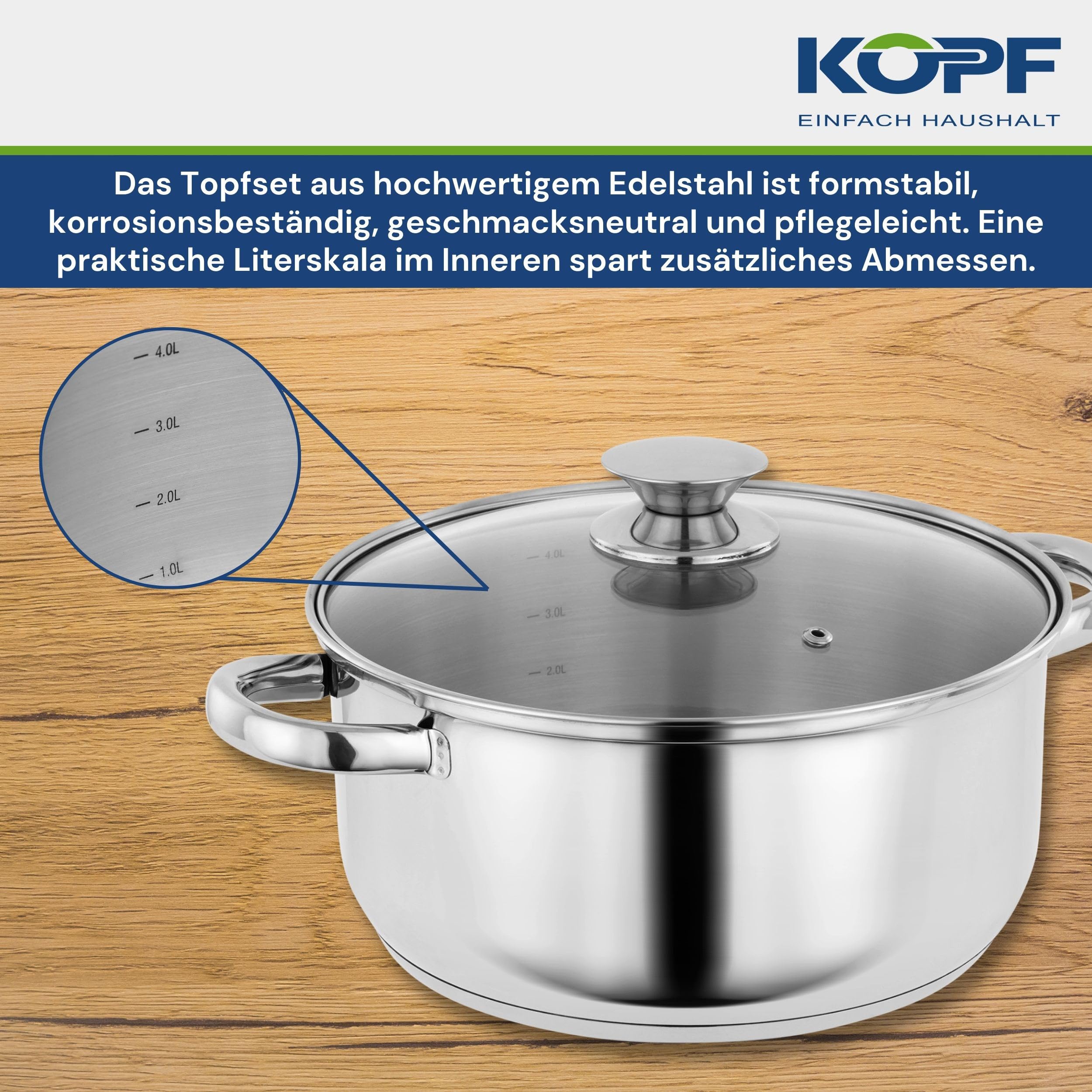 KOPF Topfset Janina 19-teilig aus Edelstahl, Induktion-Kochtopf-Set, 7X Töpfe, 1x Spargelotpf, 1x Stielkasserolle, 2X Sieb und 8X Glasdeckel