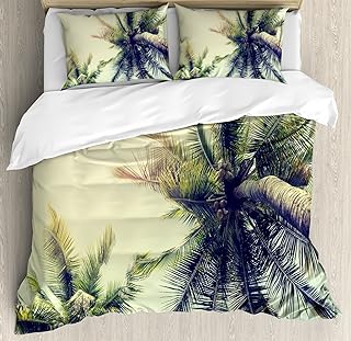 Ambesonne Palm Tree Duvet Cover Set, Coconut Trees on Tropical Beach Caribbean Coastline Ocean Summer, Decorative 3 Piece Bedding Set with 2 Pillow Shams, King Size, Yellow Green