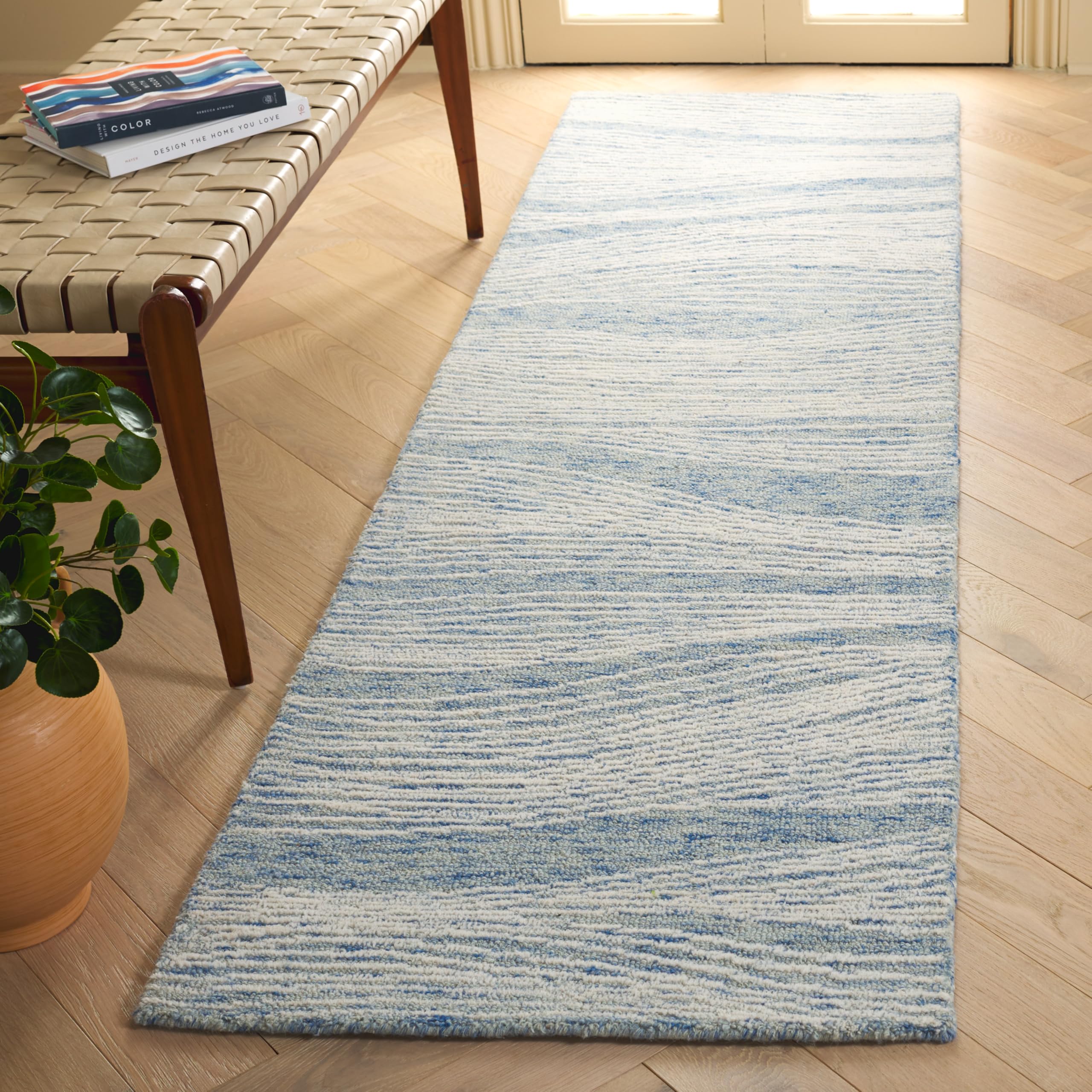 SAFAVIEH Metro Collection Runner Rug - 2'3" x 10' Runner, Blue & Ivory, Handmade Wool, Modern Design, Ideal for High Traffic Areas in Living Room,