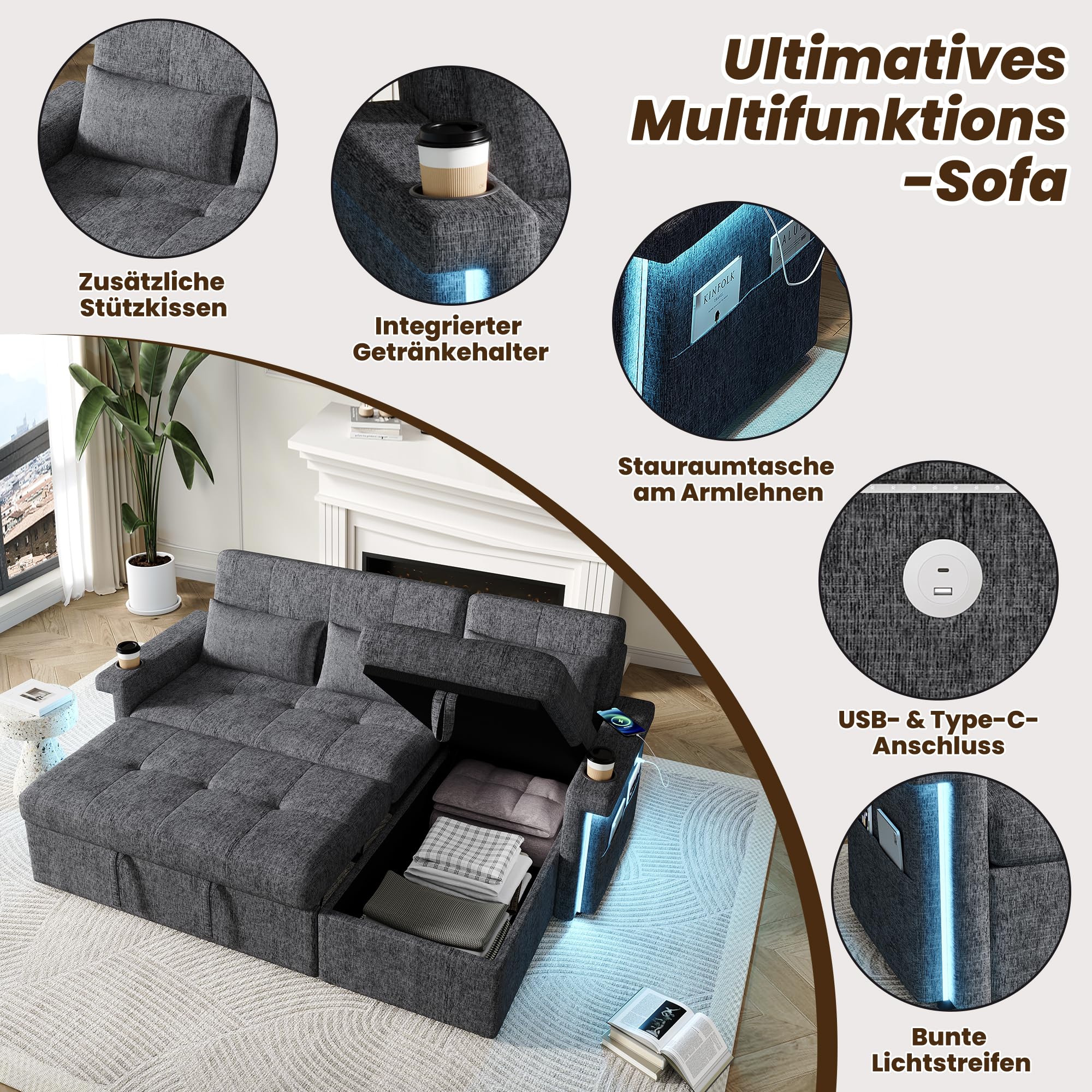 Bladez Sofá esquinero en forma de L con función de dormir, sofá cama con LED y conexiones USB, respaldo ajustable, soporte para bebidas, sofá esquinero de 3 plazas con espacio de almacenamiento