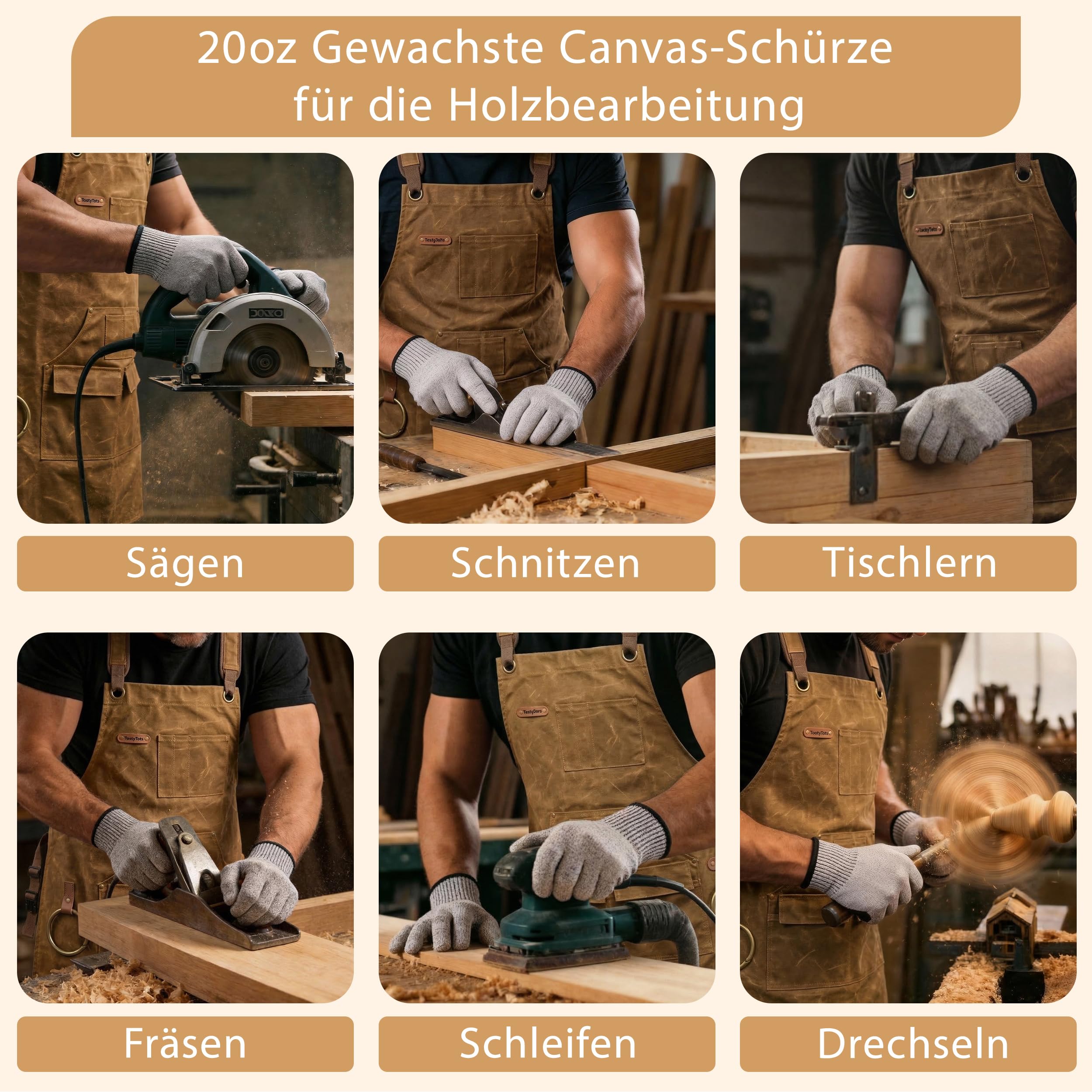 Premium Arbeitsschürze Herren aus 20oz Gewachstem Canvas – Robust & Wasserabweisend – Werkzeugschürze für Holzbearbeitung & Werkstatt mit 9 Taschen, Magnet & Schnittschutzhandschuhe