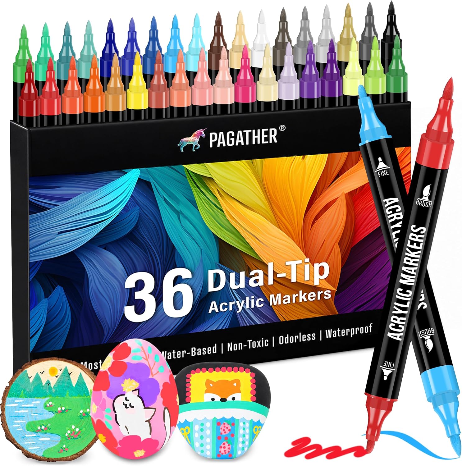 Pagather Acrylic Paint Markers, 36 Colors Dual Tip Fine & Brush Pens Set | For Rocks, Fabric, Wood, Glass & More, Perfect for DIY Crafts and Creative Art Projects with Bright, Smooth and Quick-Dry Ink