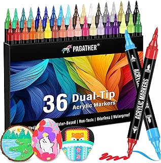 Pagather 36 Colors Acrylic Paint Markers, Dual Tip with Fine Tip and Brush Tip Pens for Fabric, Stone, Wood, Canvas, Ceramic, Metal, Glass, Rock Painting, DIY Crafts