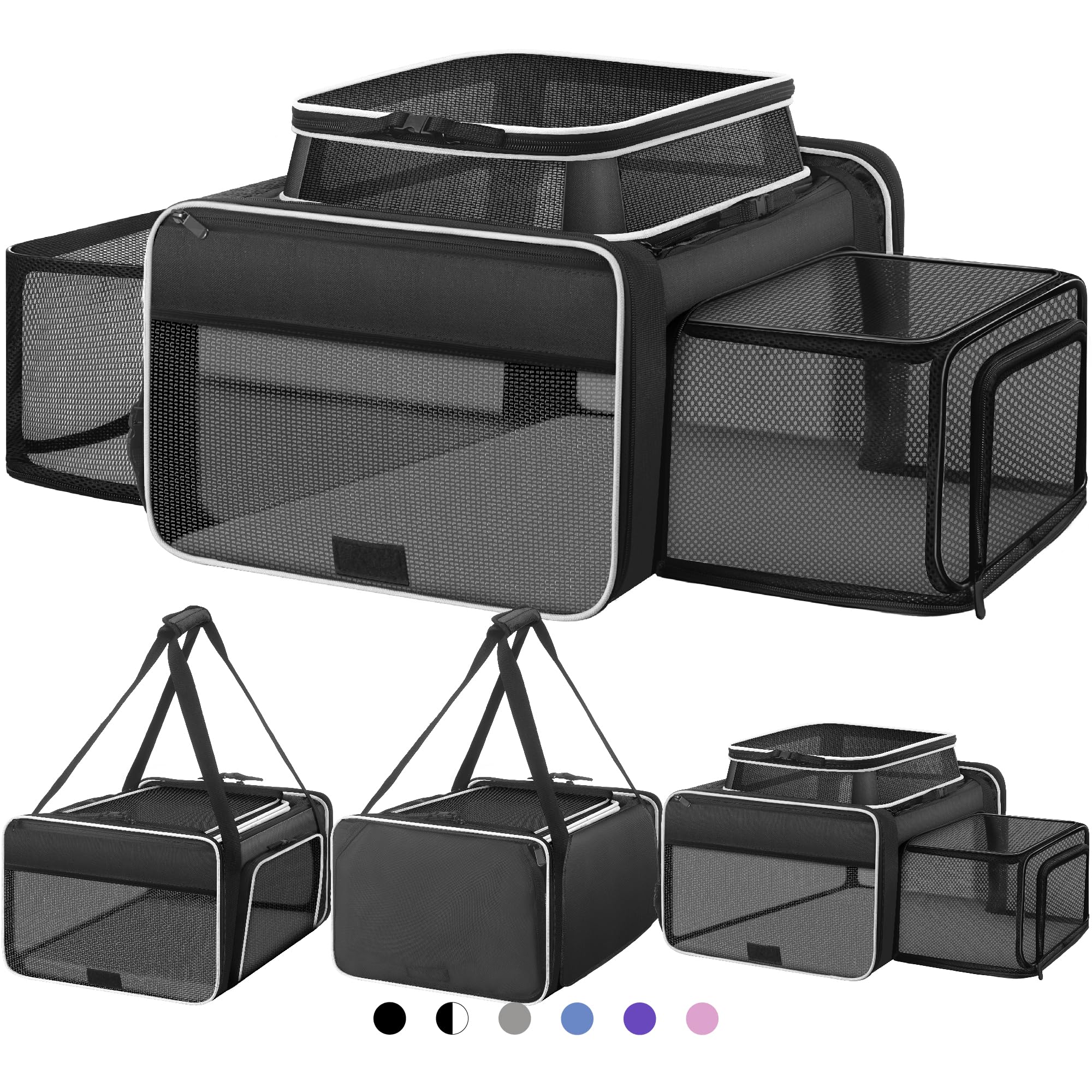 Top and 2 Sides Expandable Cat Carrier 18x13.5x9.5, TSA Airline Approved Dog Carriers for Small Dogs, Soft-Sided Pet Carrier with Self-Locking Zippers for Kitten,Rabbit,Puppy, Black White
