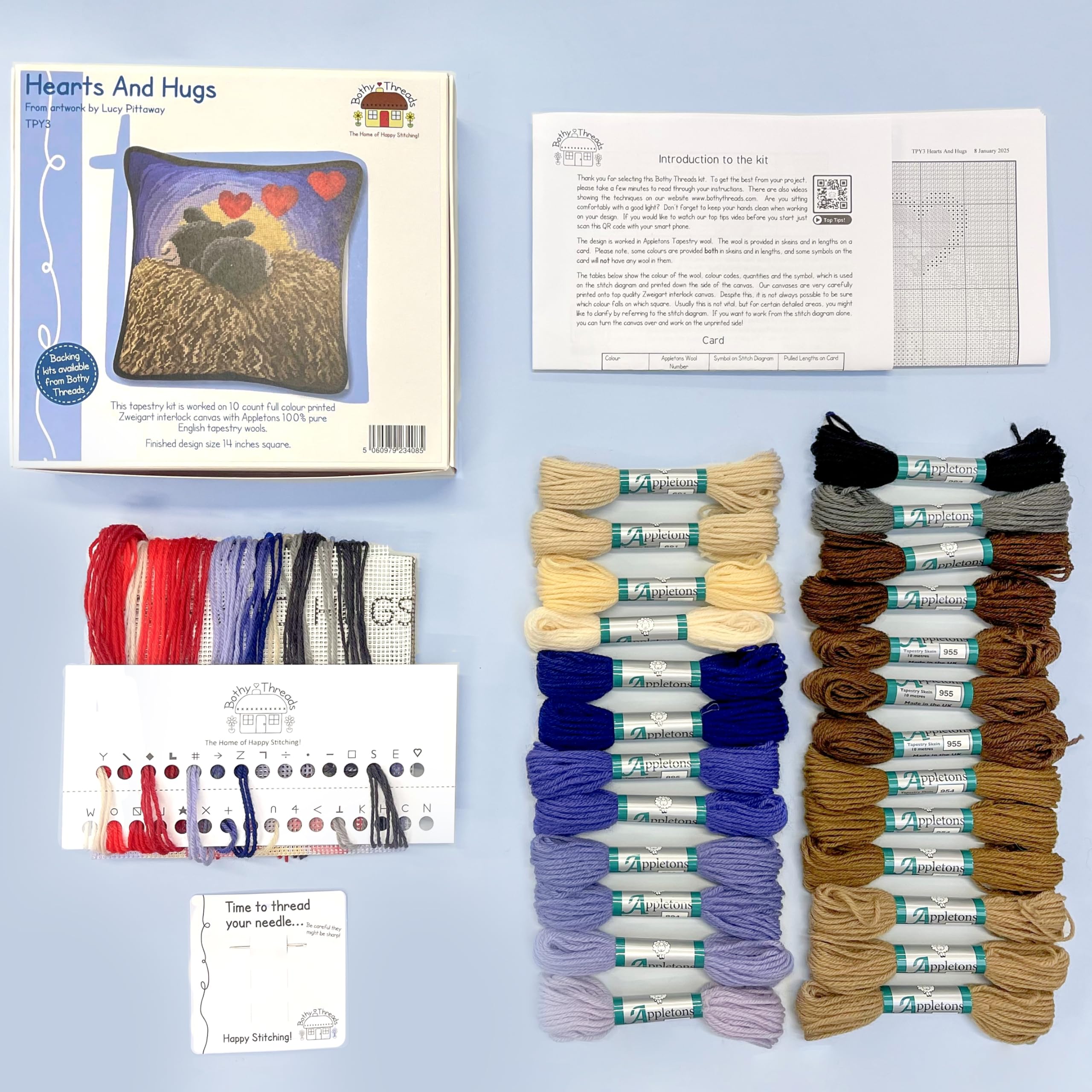 Bothy Threads Woollen Tapestry Kit - Hearts and Hugs, Black, 14 inches square - Image 3