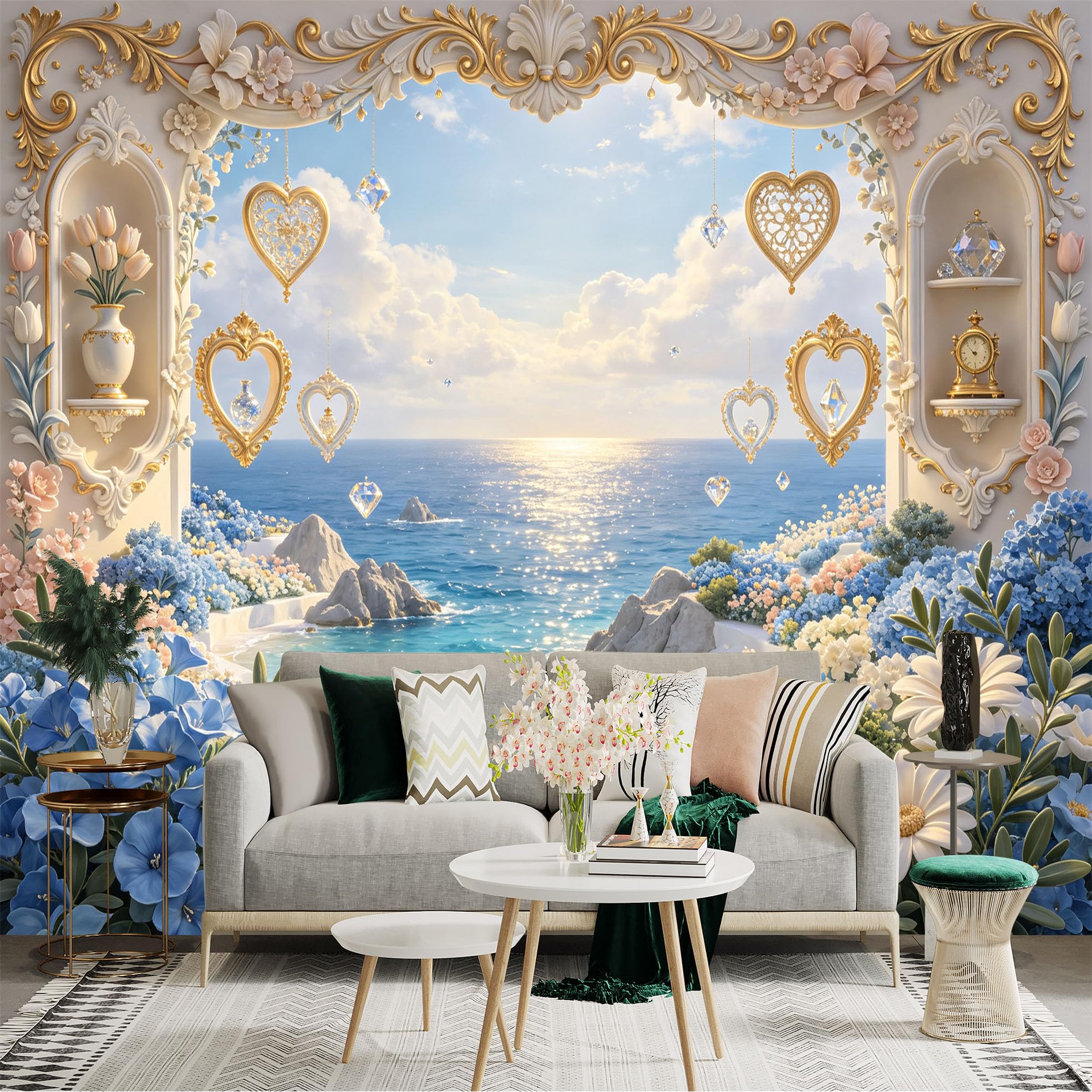Lnzczhyre Bh260719016 Custom Size Wall Sticker Mural， Elegant Coastal Archway With Golden Hearts， Blue Flowers And Sea View， For Wall Decoration， Peelandstick Wall Decals.