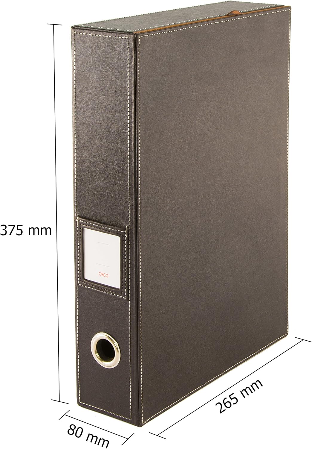 OSCO Brown Faux Leather Box File | Document Storage | Paperwork Archive | Lock Spring | Secured with Fastening Stud | H37.5 x W8 x D26.5 cm |