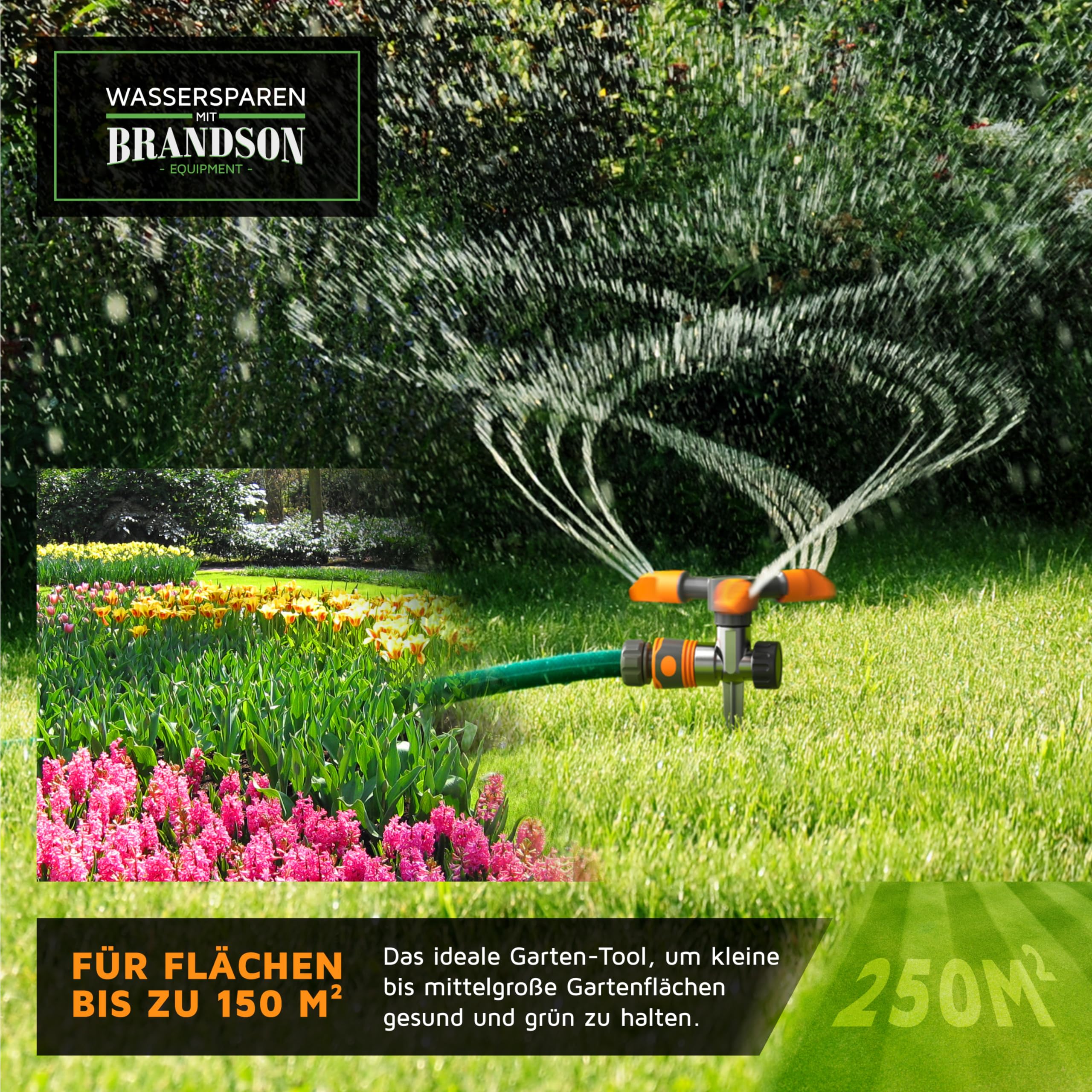 Brandson - 4 x Rasensprinkler 3 Fach mit Erdspieß – Rasensprenger 360 Grad - Flächenregner Sprühregner - Sprinkler mit 3 Arm – Einstellbarer Winkel 45° bis 90° - Reichweite bis zu 7m