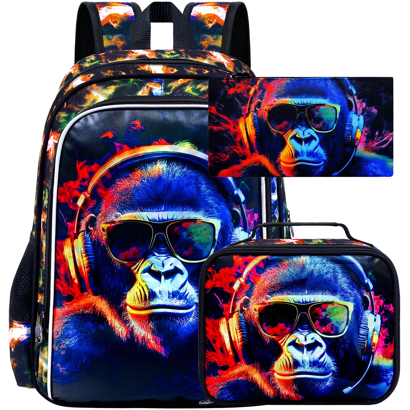 HPJGD 3PCS Kids Backpacks for Boys, Water Resistant Gorilla Bookbag with Lunch Box, 17" School Bag Set for Teenagers Middle Elementary - Sunglasses