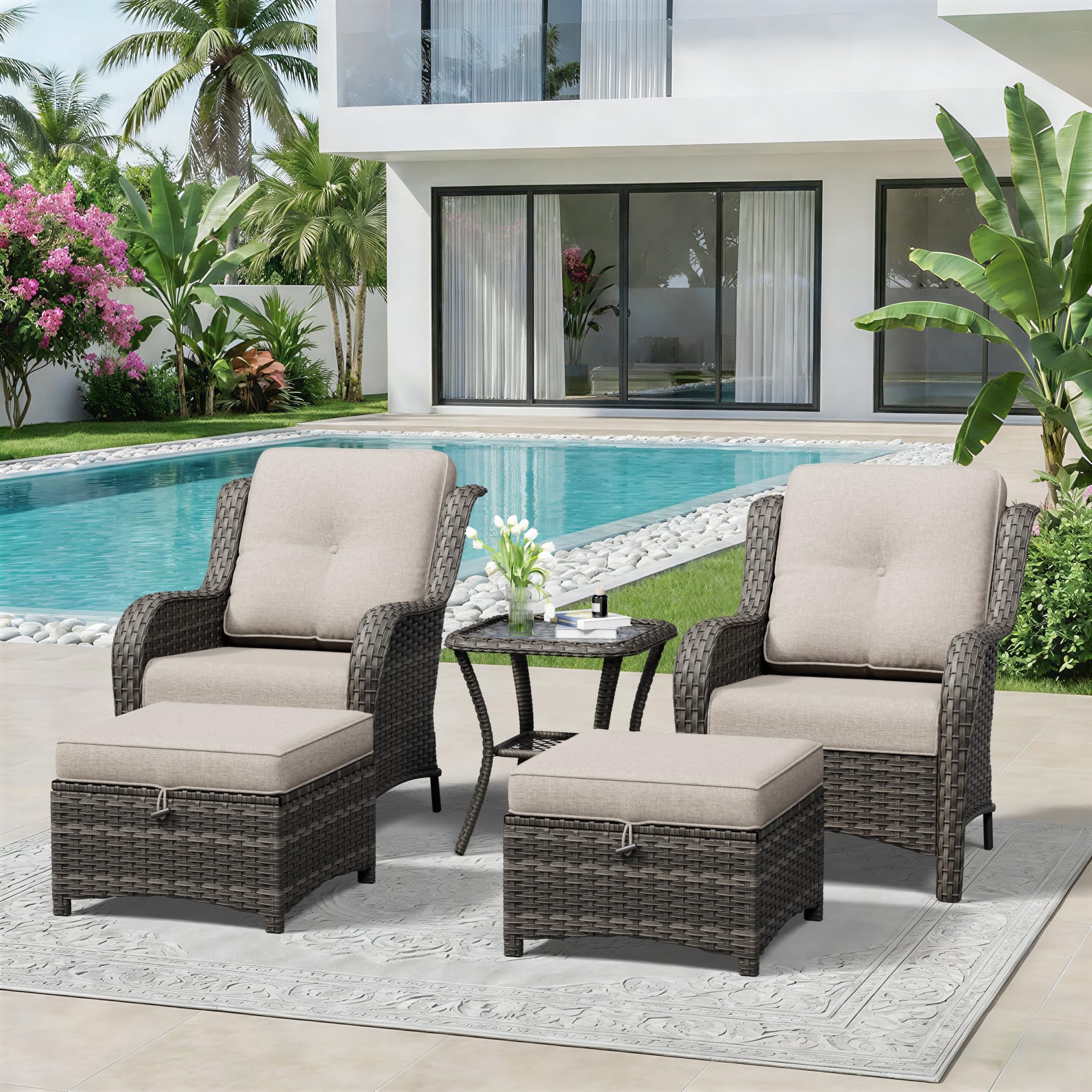 5 Piece Outdoor Wicker Patio Furniture Set, Patio Chairs Set with Thickened Olefin Cushions, High Back and Deep Seating, Hand-Woven PE Rattan, Ottoman for Porch, Deck